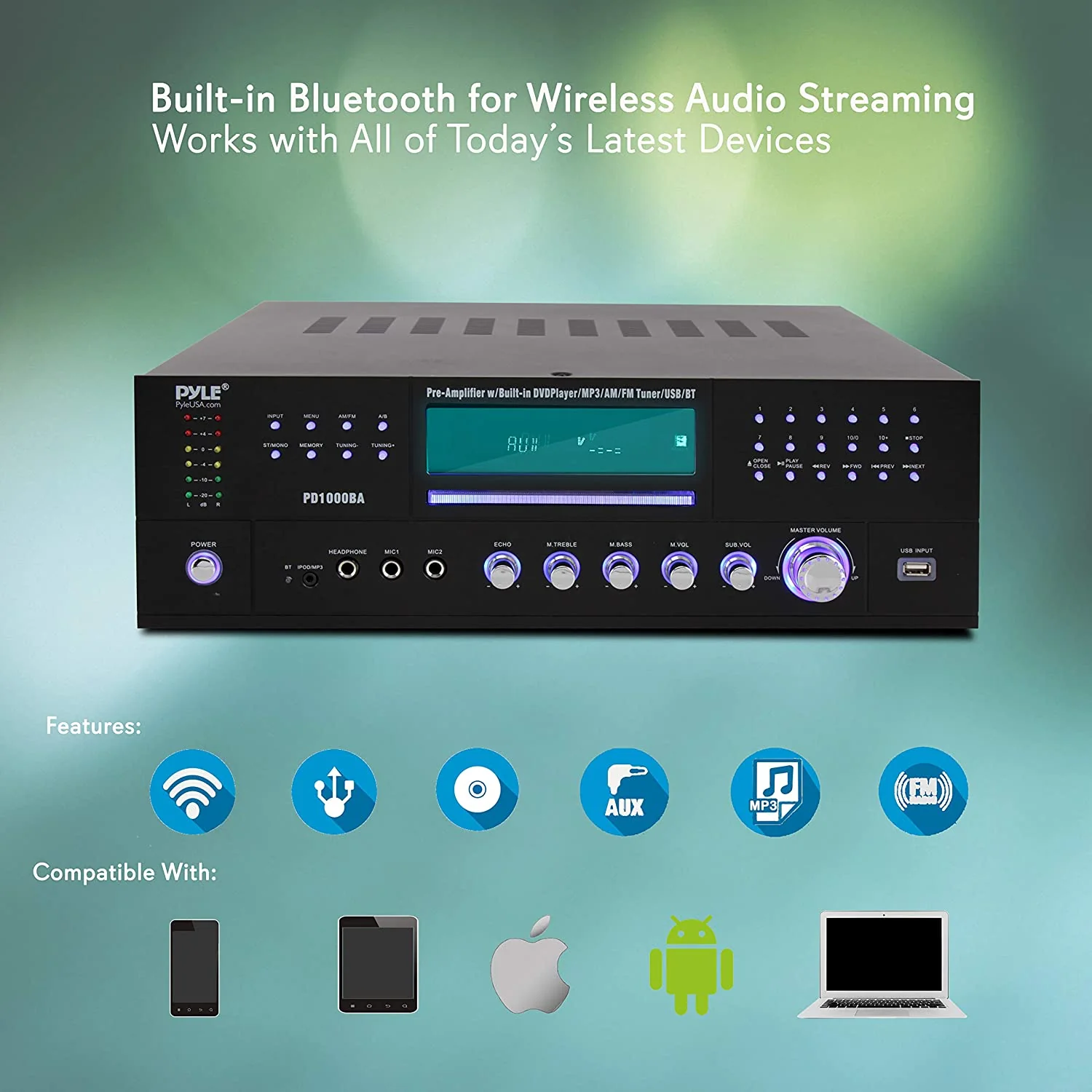 Pyle PD1000BA Bluetooth 4 Channel Home Theater Preamplifier Stereo Sound System - Image 2