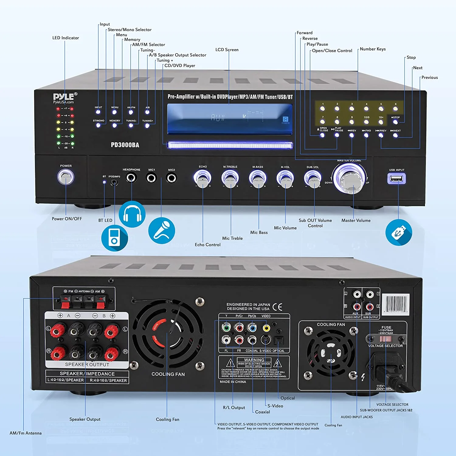 Pyle PD3000BA Home Theater Preamplifier Bluetooth Audio & Video Stereo Receiver - Image 4