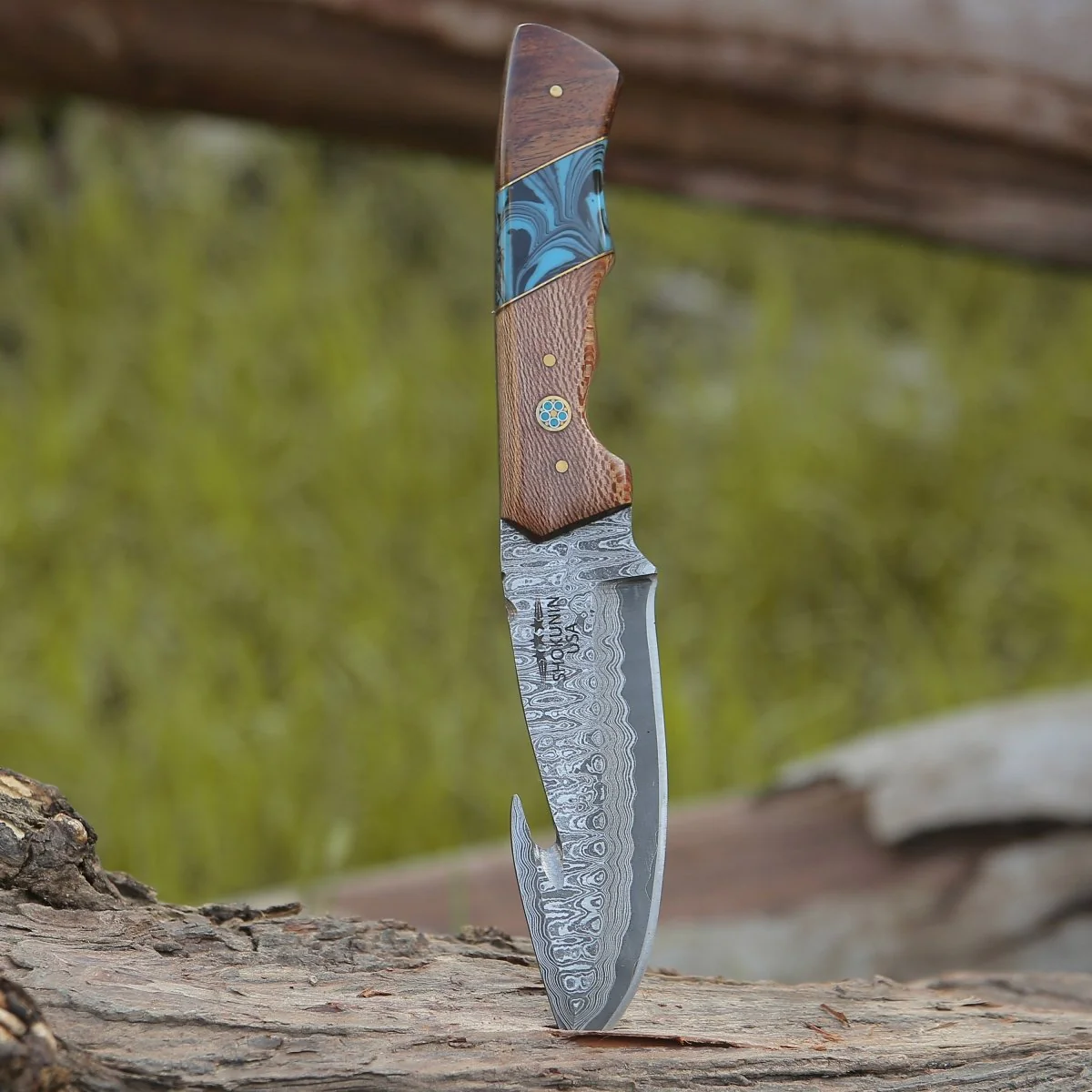 Python Damascus Gut Hook Knife with Leopard Wood - Image 3