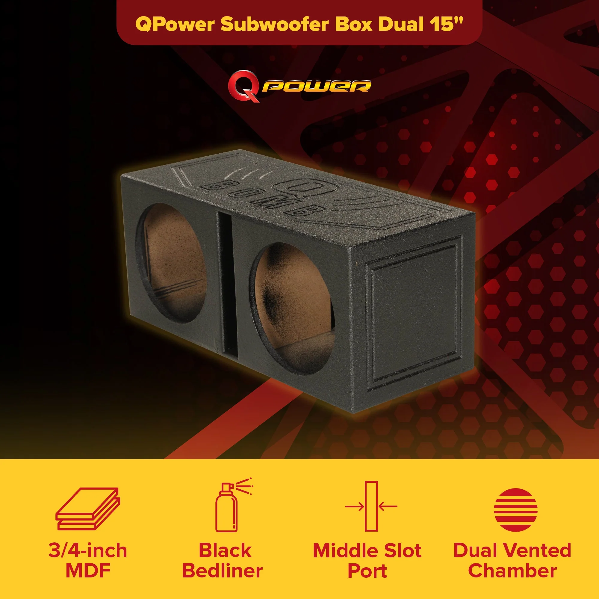 Q Power QBOMB15V Dual 15" Vented Port Subwoofer Sub Box w/ Bedliner Spray - Image 2