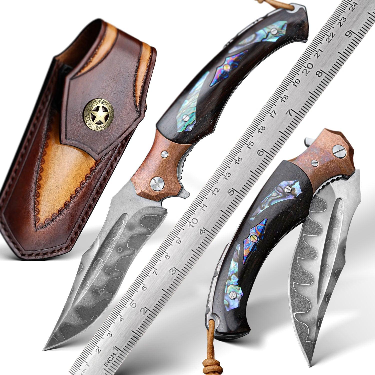 Quest Damascus Pocket Knife with Ebony Wood, Timascus & Abalone Shell Handle - Image 2