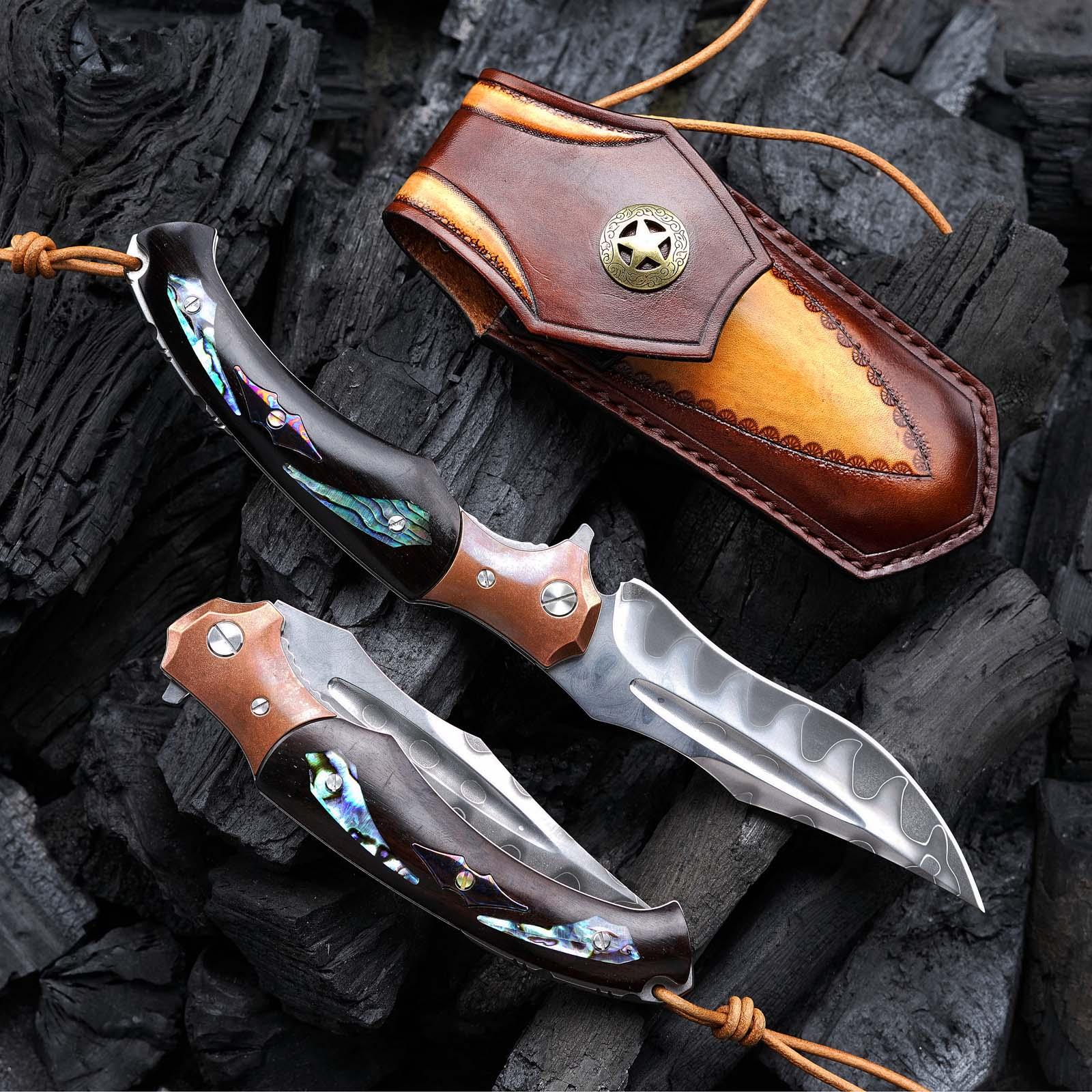 Quest Damascus Pocket Knife with Ebony Wood, Timascus & Abalone Shell Handle - Image 4