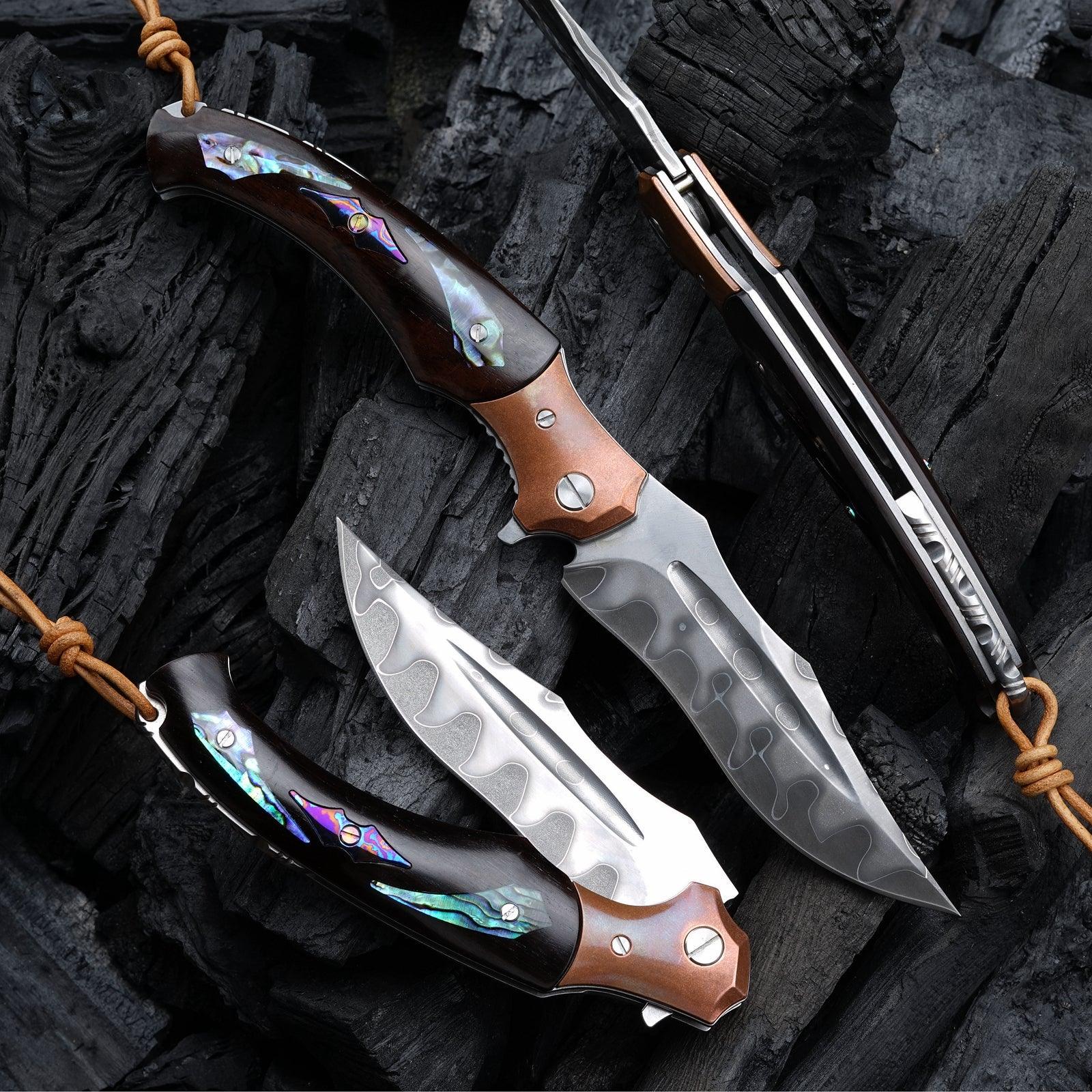 Quest Damascus Pocket Knife with Ebony Wood, Timascus & Abalone Shell Handle - Image 7