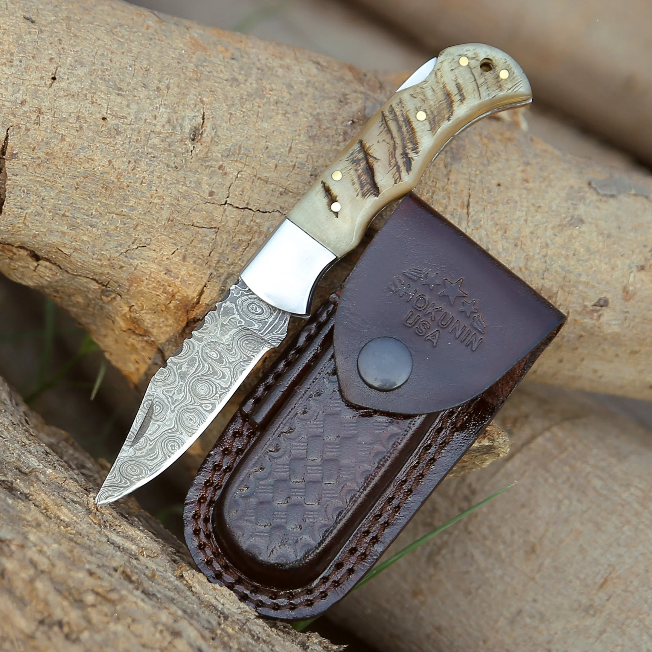 Ram Damascus Pocket Knife with Ram Horn Handle & Sheath - Image 2