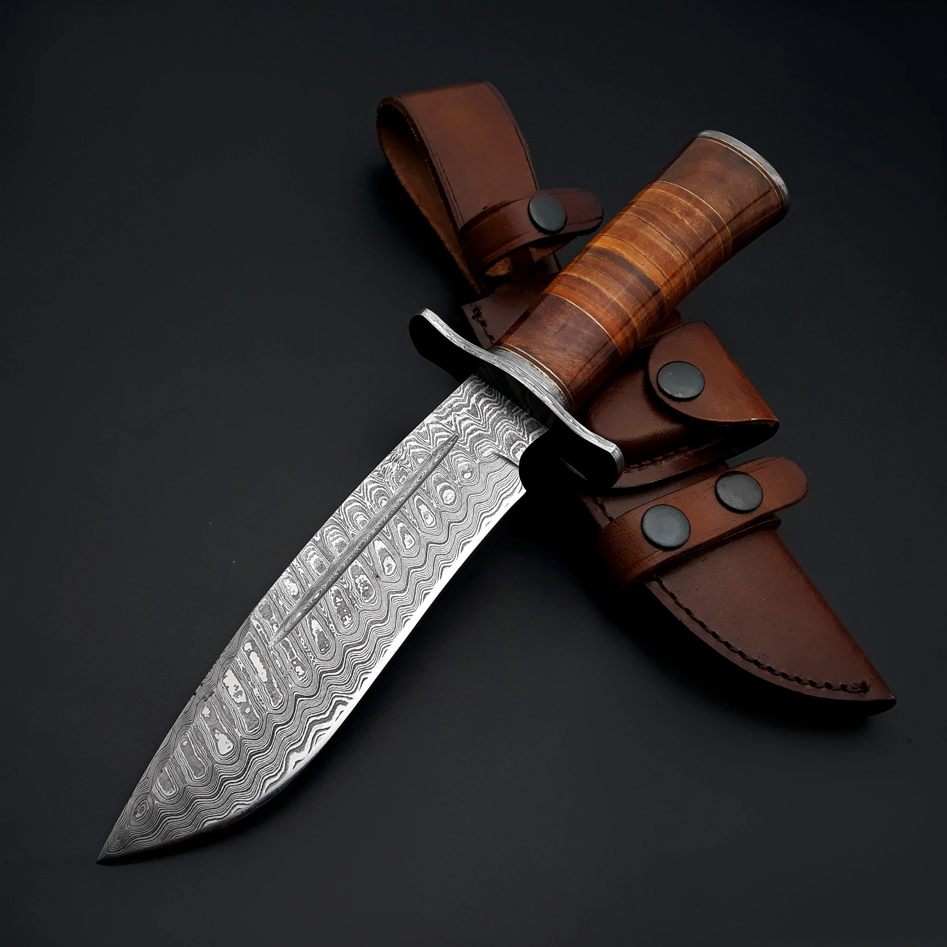 Rambo Bowie Knife with Exotic Rosewood & Stacked Leather Handle - Image 2