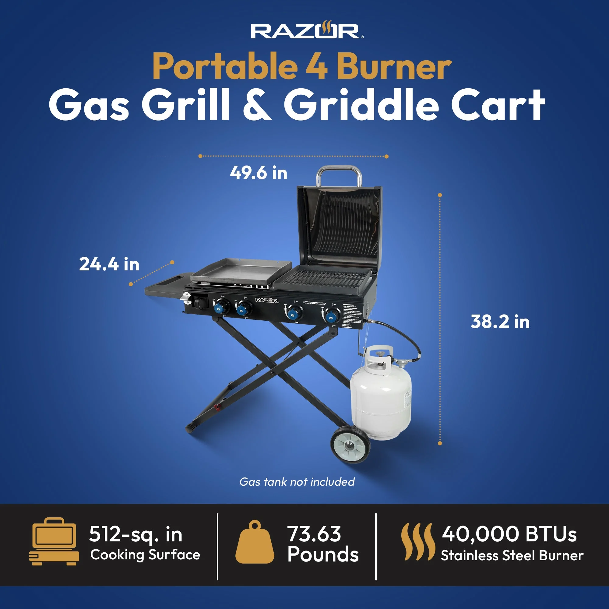 Razor Griddle Portable 4 Burner 40,000 BTU Gas Grill and Griddle Cart with Lid - Image 3