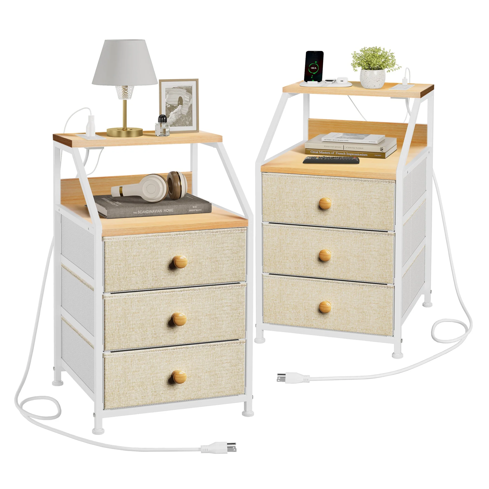 REAHOME 3 Drawer Bedroom Nightstand End Table Unit with Charging Station, Taupe - Image 12