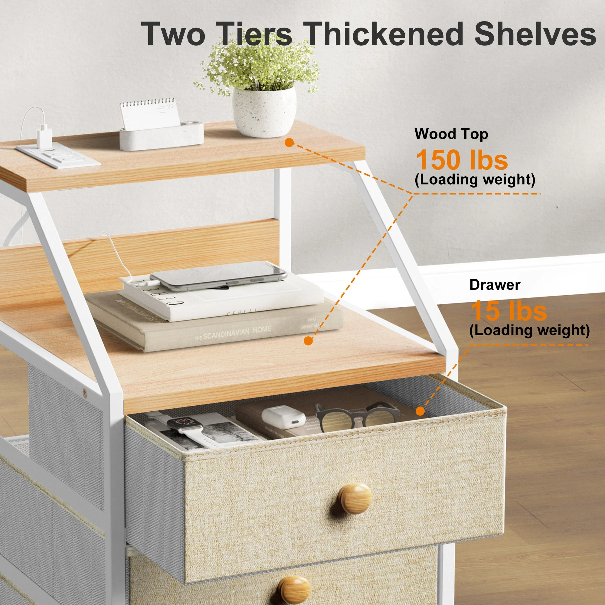REAHOME 3 Drawer Bedroom Nightstand End Table Unit with Charging Station, Taupe - Image 5