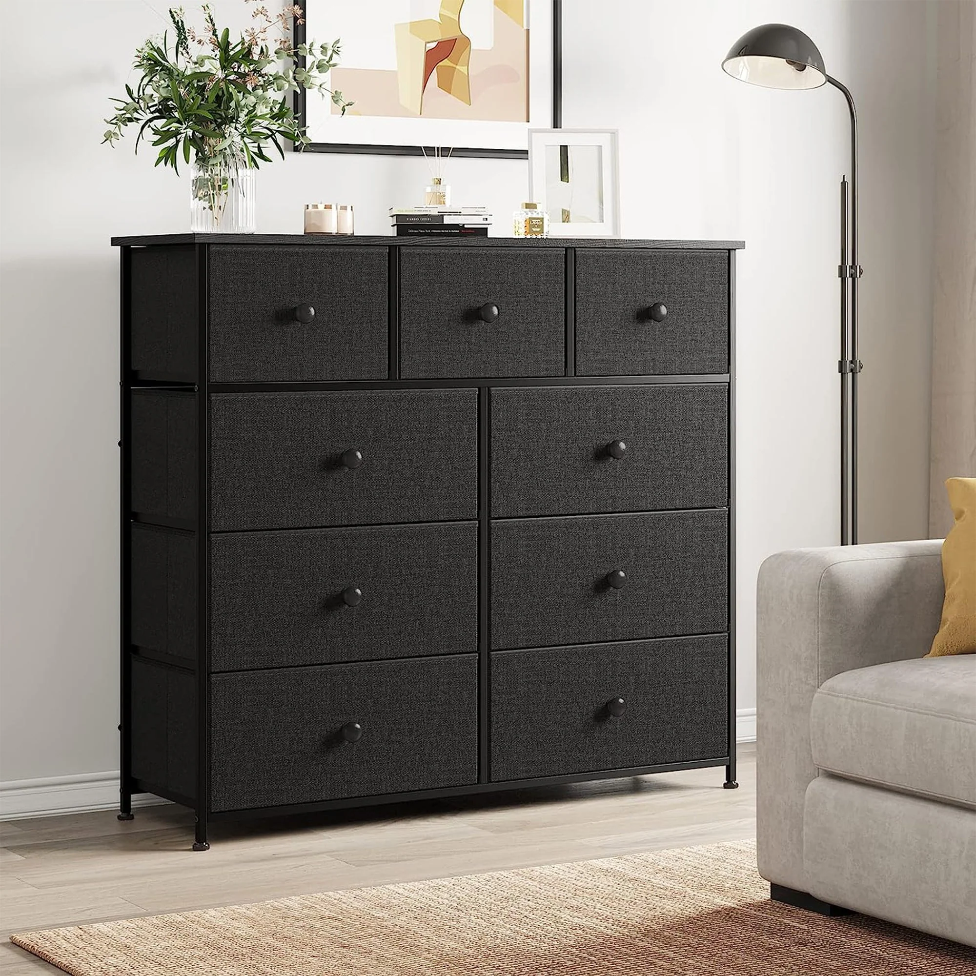 REAHOME 9 Drawer Steel Frame Bedroom Storage Organizer Chest Dresser, Black/Gray - Image 10