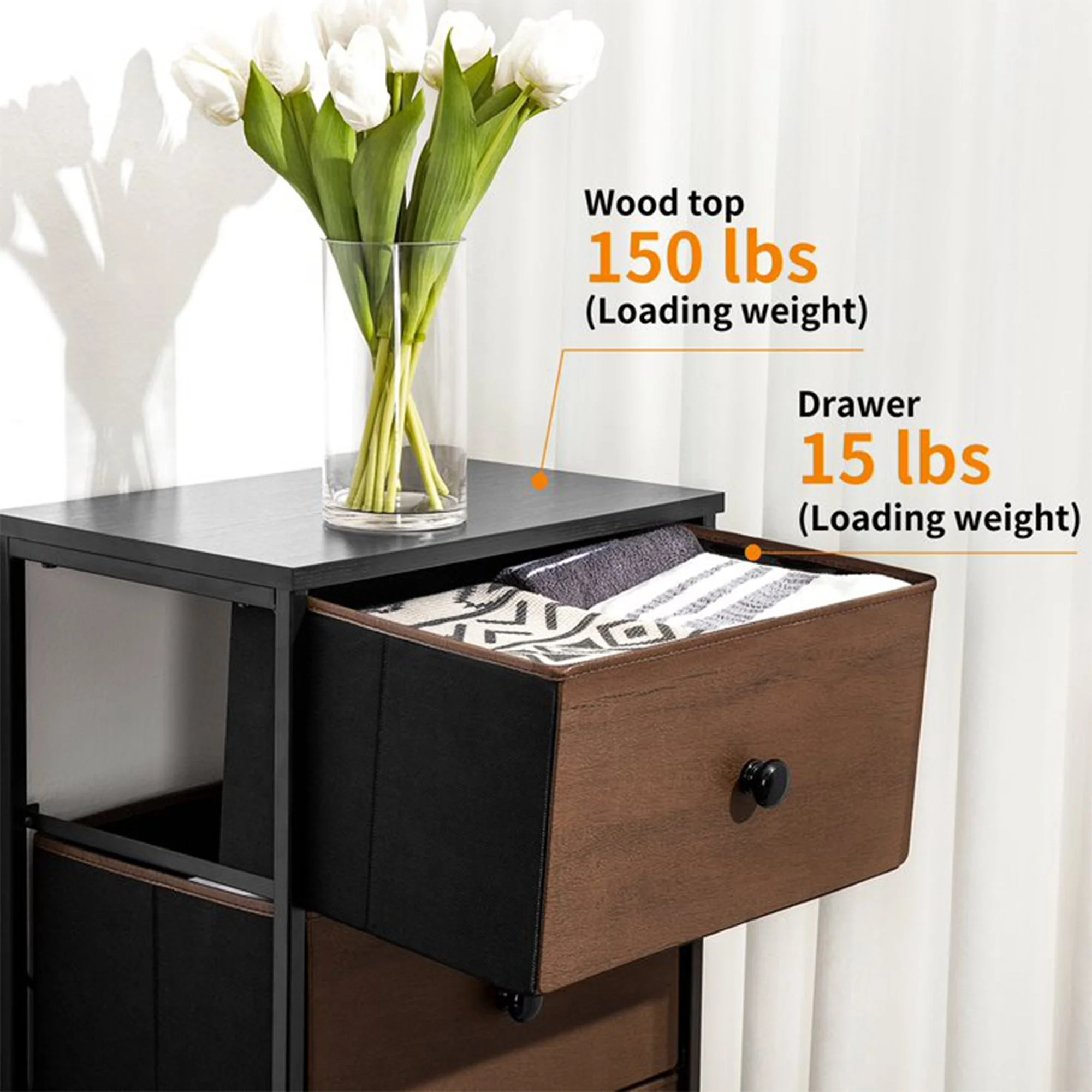 REAHOME Vertical Narrow Metal Tower Dresser w/ 5 Fabric Drawer Bins, Espresso - Image 4