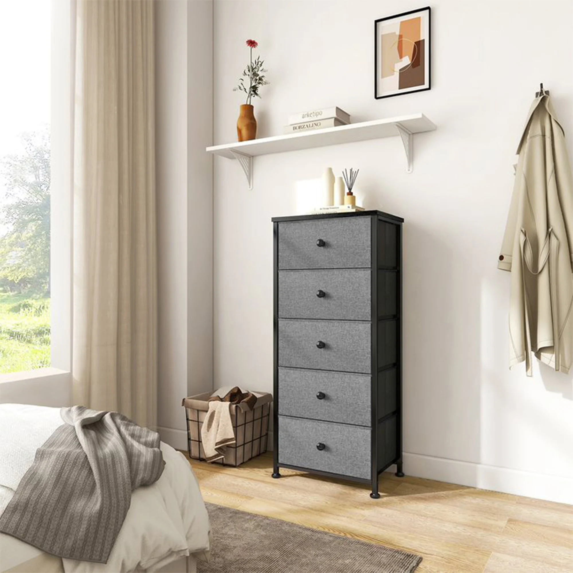 REAHOME Vertical Narrow Metal Tower Dresser w/ 5 Fabric Drawer Bins, Light Grey - Image 7