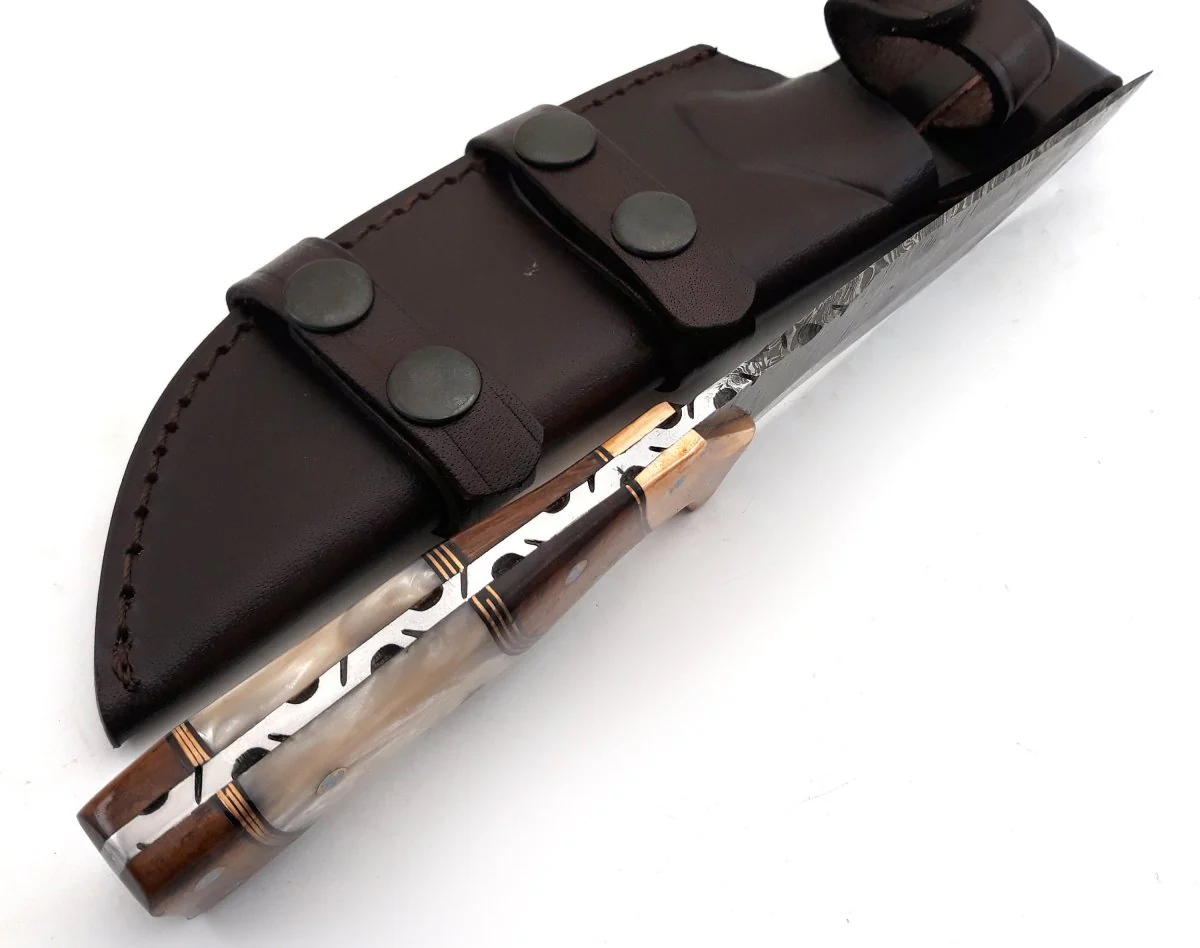 Reaper Damascus Hunting Knife with Mother of Pearl, Exotic Rose Wood and Copper Handle - Image 9