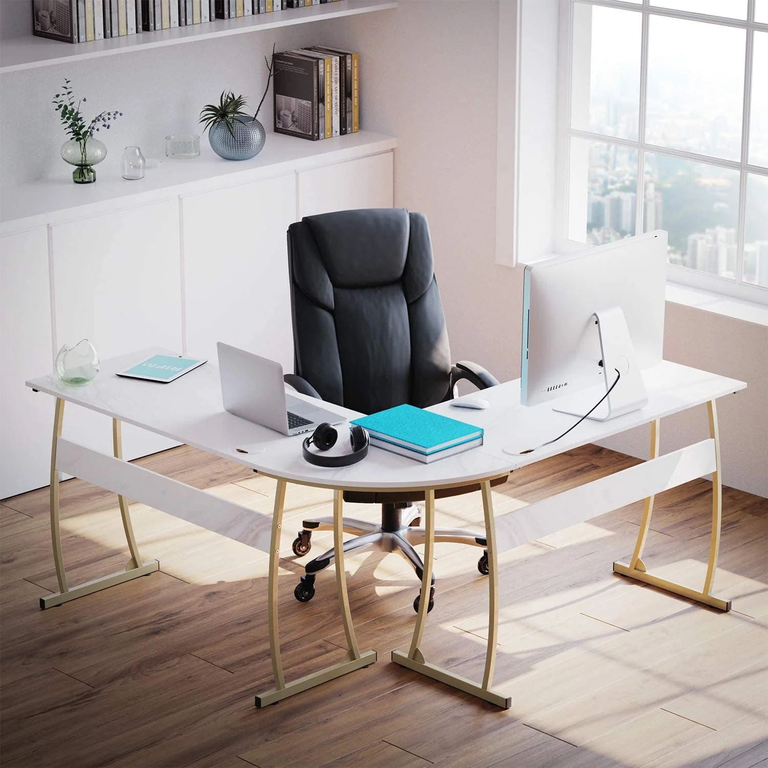RIF6 L Shaped Modern Computer Office Desk w/ Keyboard Tray, Easy Assembly, White - Image 2