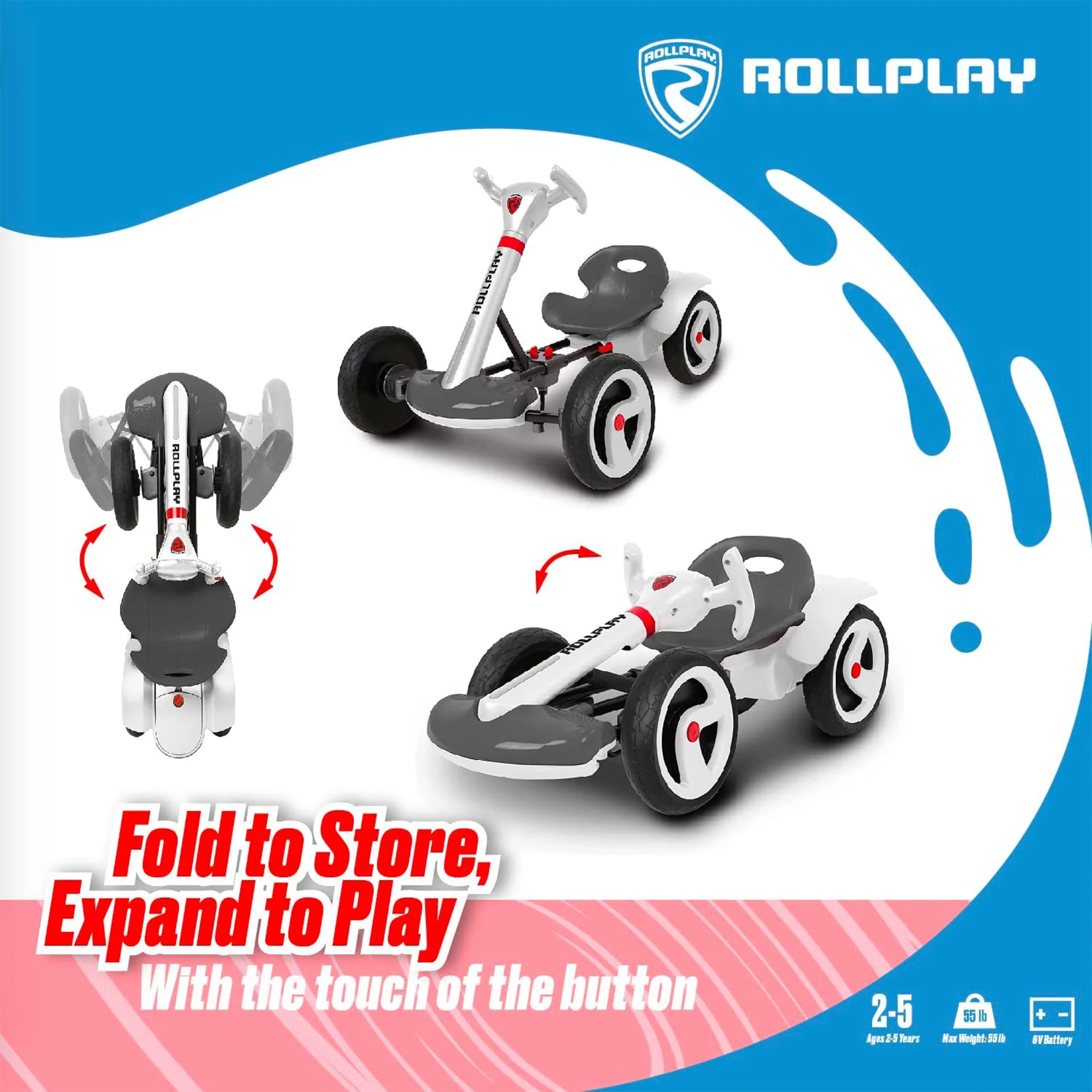 Rollplay FLEX Kart Foldable Ride-On Kids Tricycle 6V Battery Electric Car, White - Image 8