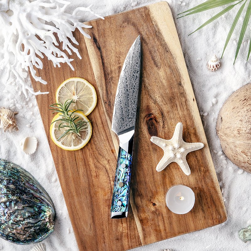 Ronin Chef Knife VG10 Damascus Petty Knife with Abalone Shell Handle - Image 4
