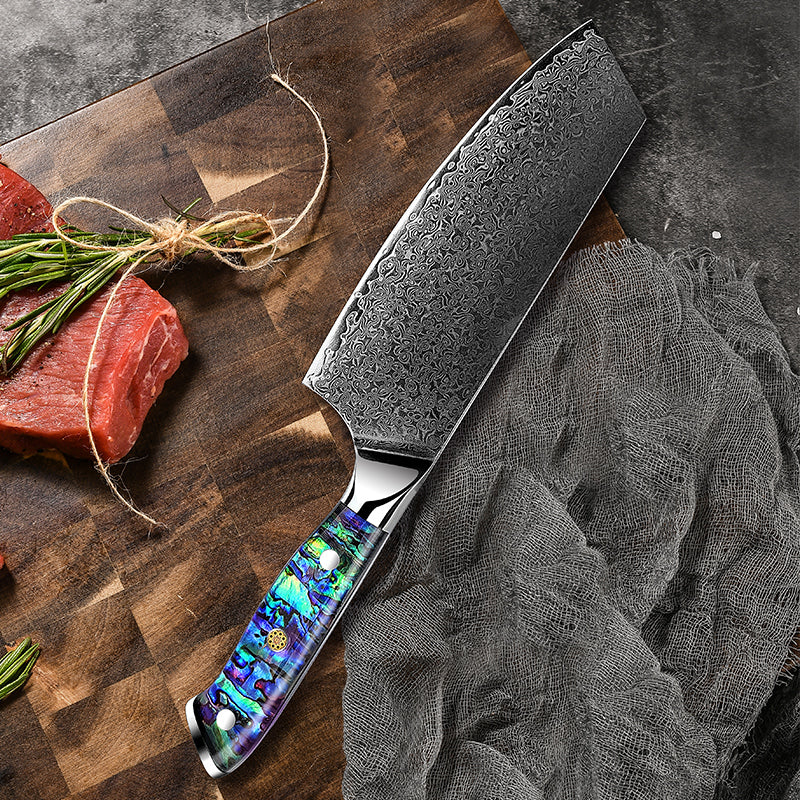 Ronin VG10 Damascus Cleaver Knife with Abalone Shell Handle - Image 4