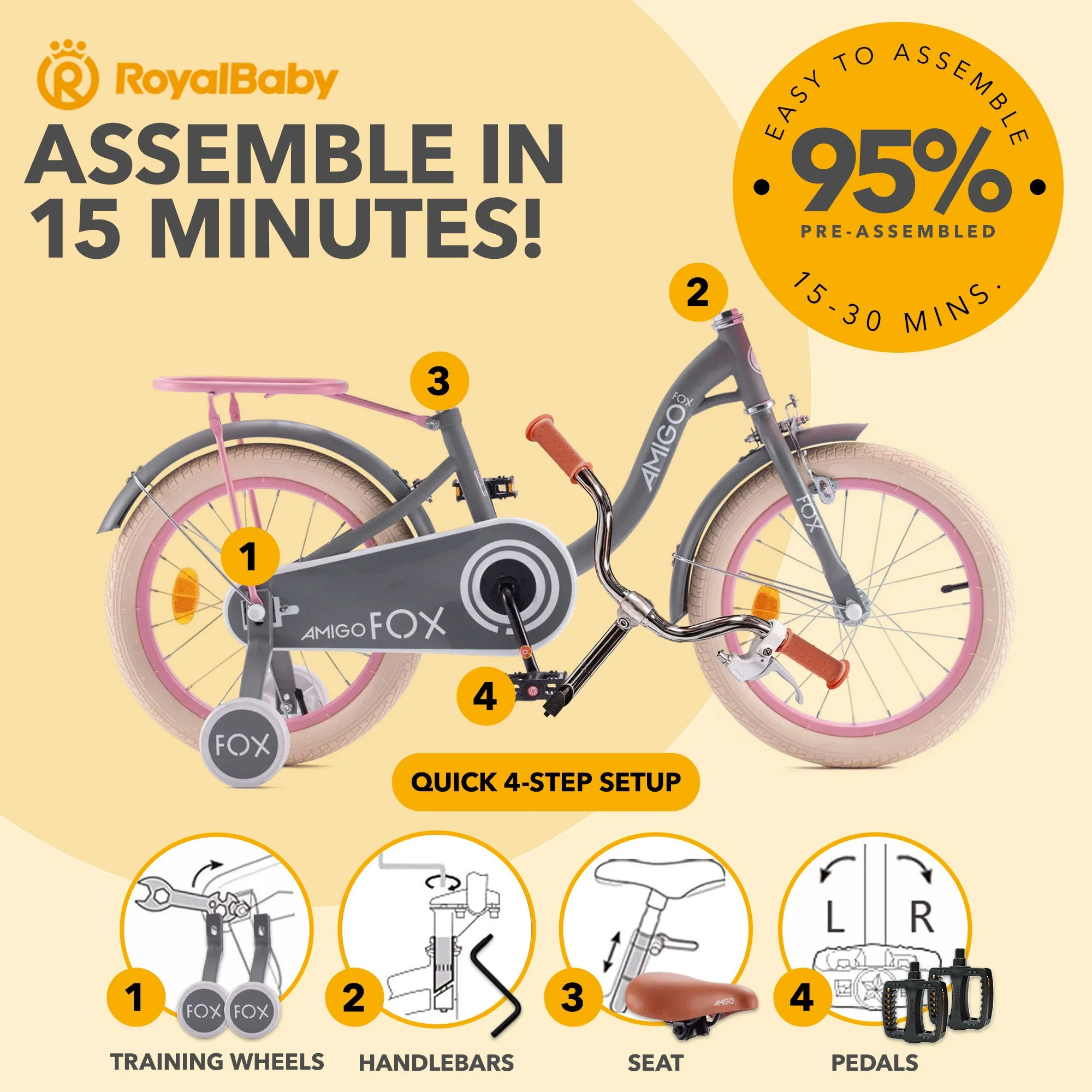 RoyalBaby Amigo Fox Kids Lightweight Bike w/ Training Wheels and Kickstand, Gray - Image 3