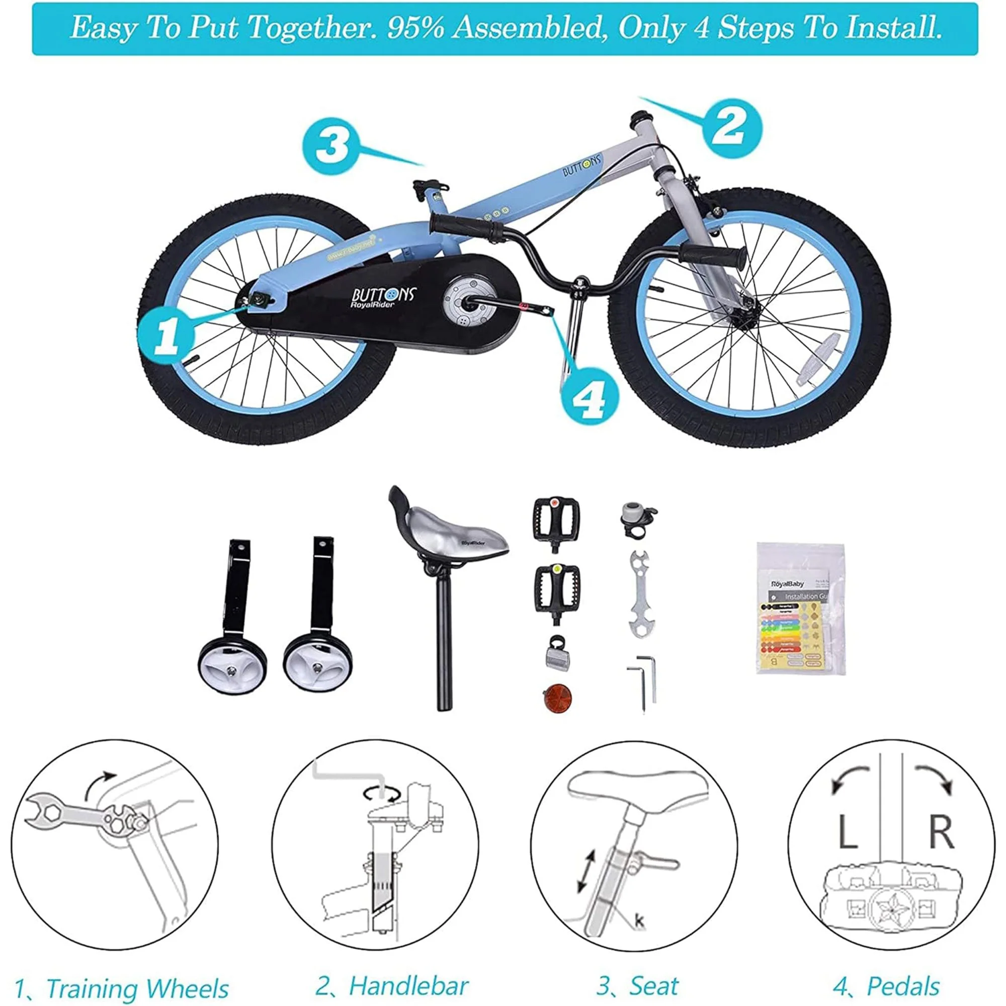 RoyalBaby Buttons 14 Inch Kids Bike with Training Wheels and Coaster Brake, Blue - Image 4
