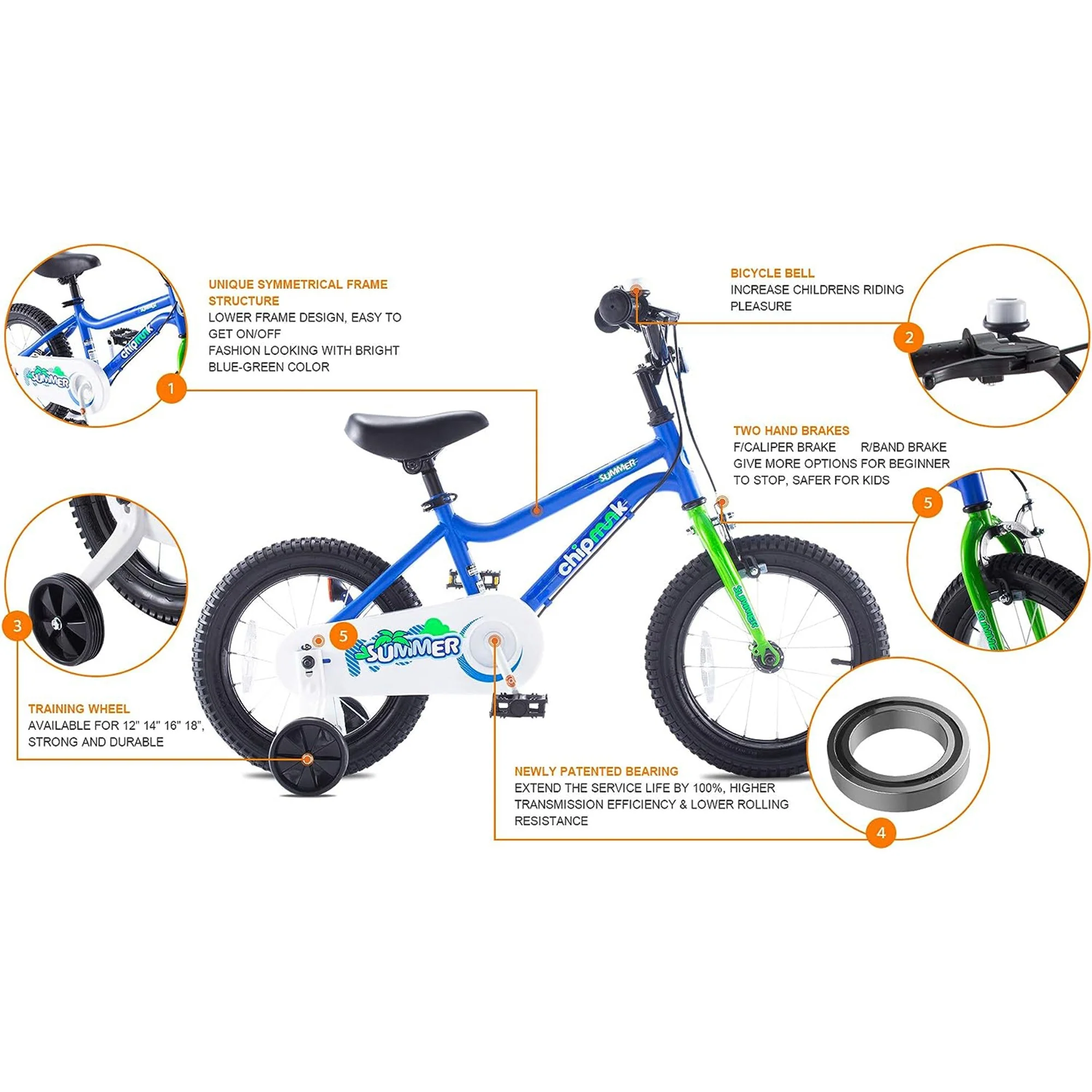 RoyalBaby Chipmunk 14" Toddler Kids Bike with Training Wheels & Bell, Blue - Image 8