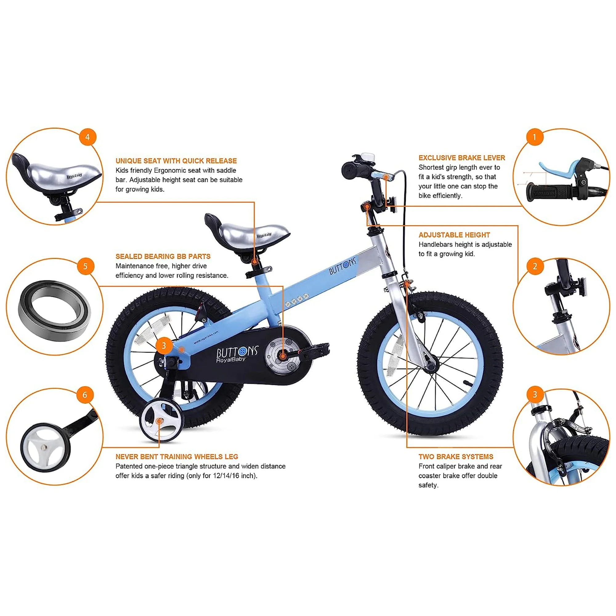 RoyalBaby Cubetube Button 12 Inch Kids Bike with Training Wheels, Matte Blue - Image 9