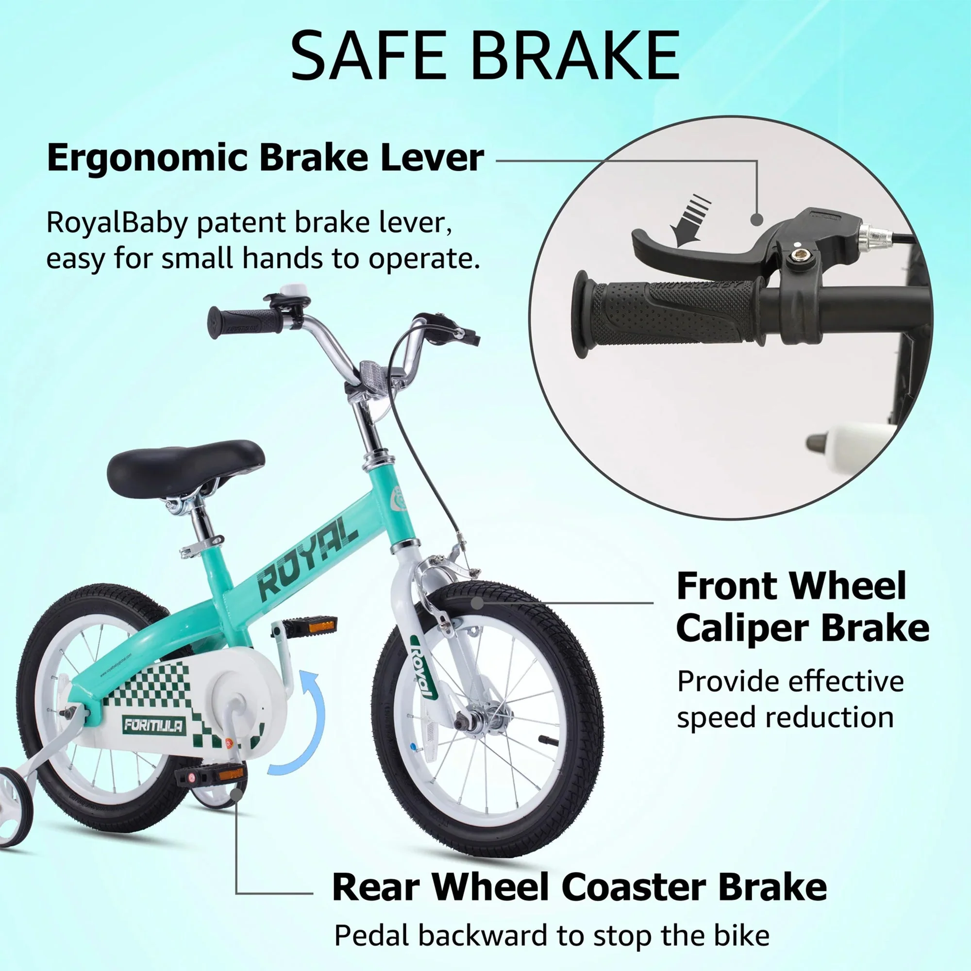 RoyalBaby Formula 14 Inch Kids Bike with Training Wheels & Coaster Brake, Green - Image 8