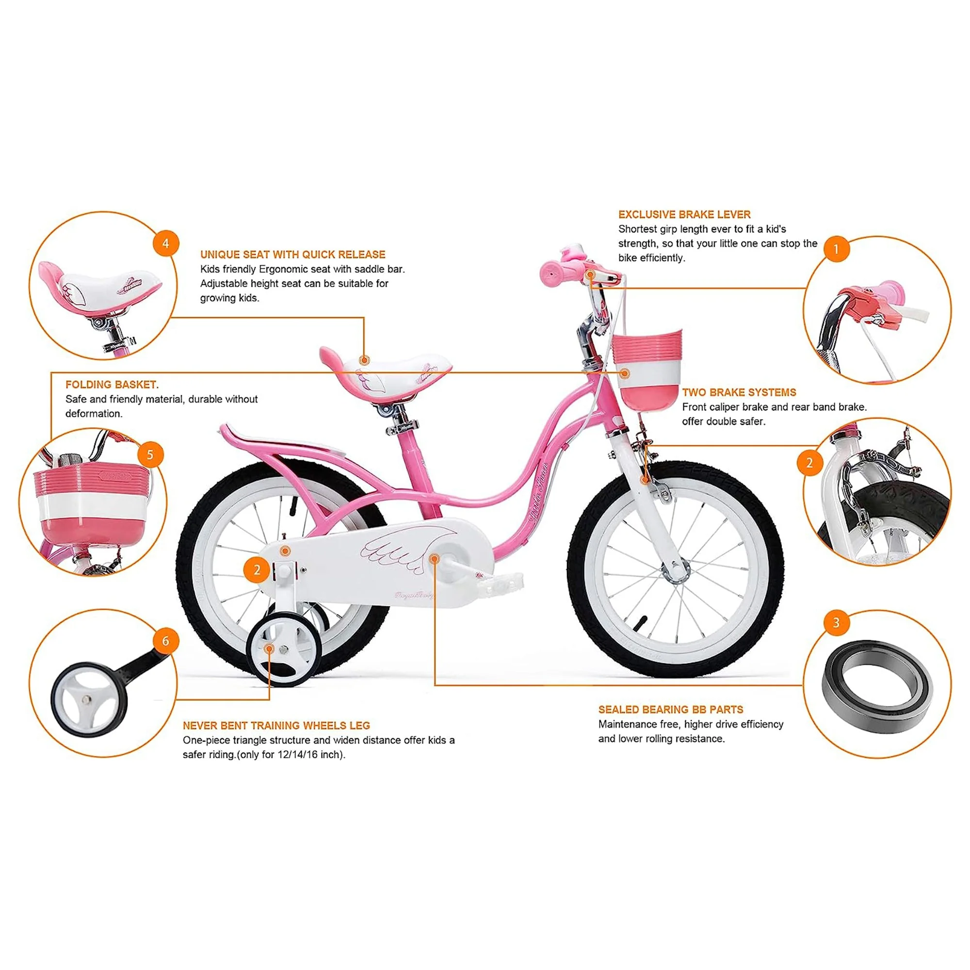 RoyalBaby Little Swan 18" Carbon Steel Kids Bicycle with Dual Hand Brakes, Pink - Image 6
