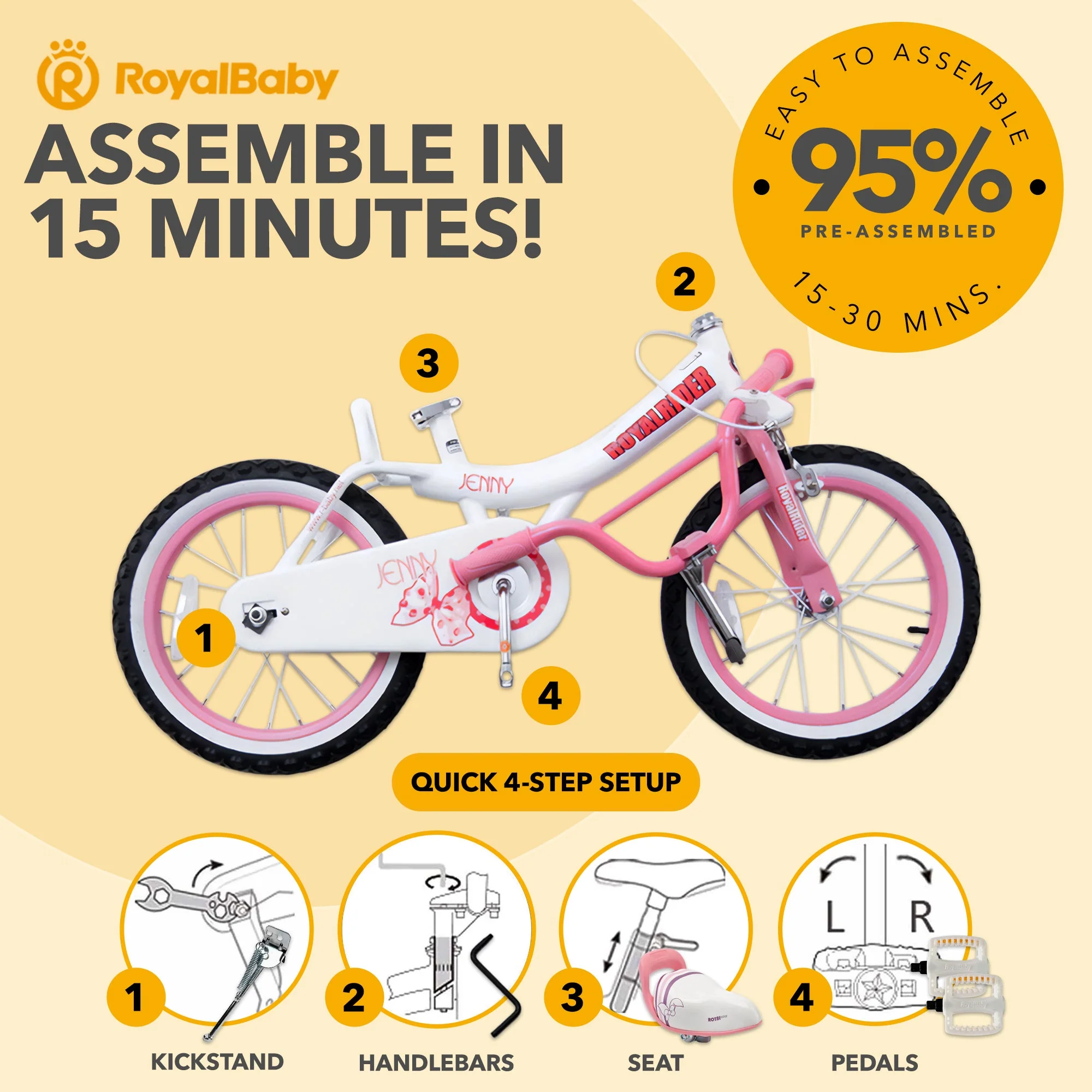 RoyalBaby Princess Girl Kid Outdoor Bicycle 18" with Kickstand, Jenny/White Pink - Image 7