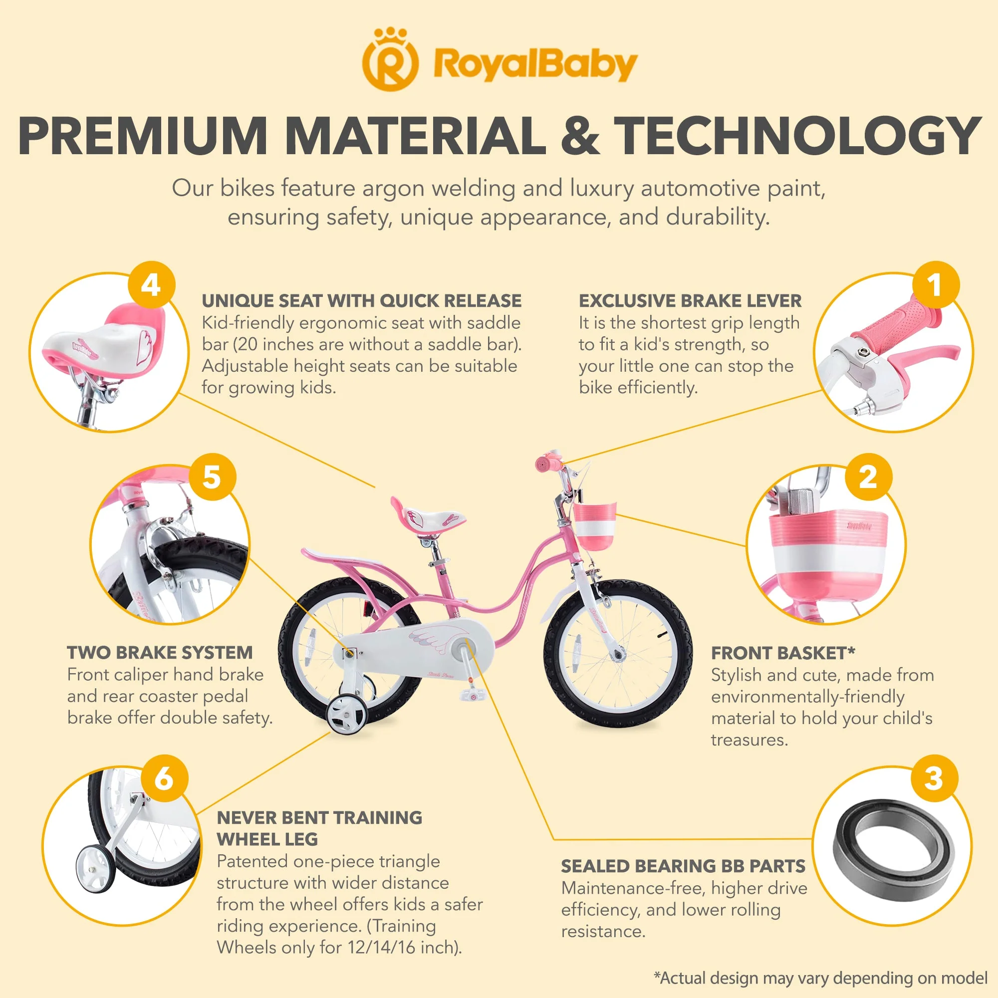 RoyalBaby Princess Girl Kids Bicycle 12" with Training Wheels, Swan/Classic Pink - Image 5