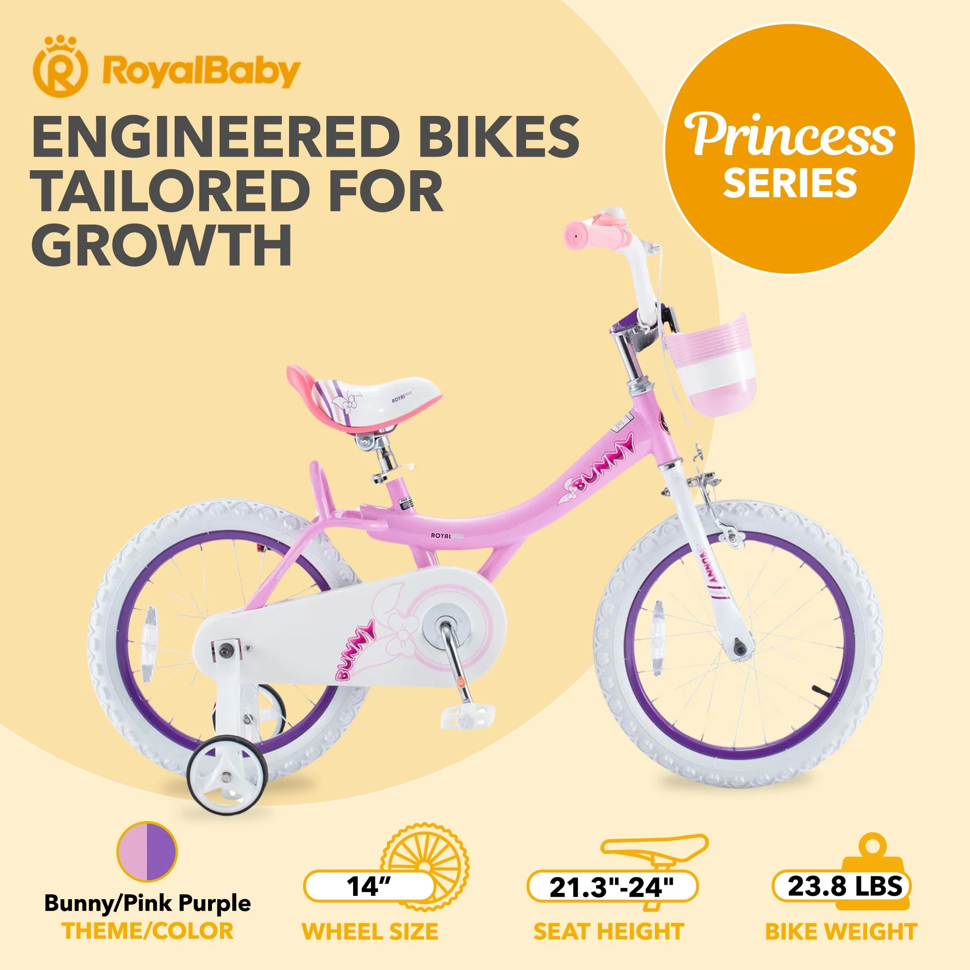 RoyalBaby Princess Girl Kids Bike 14 Inch w/ Training Wheels, Bunny/Pink Purple - Image 3
