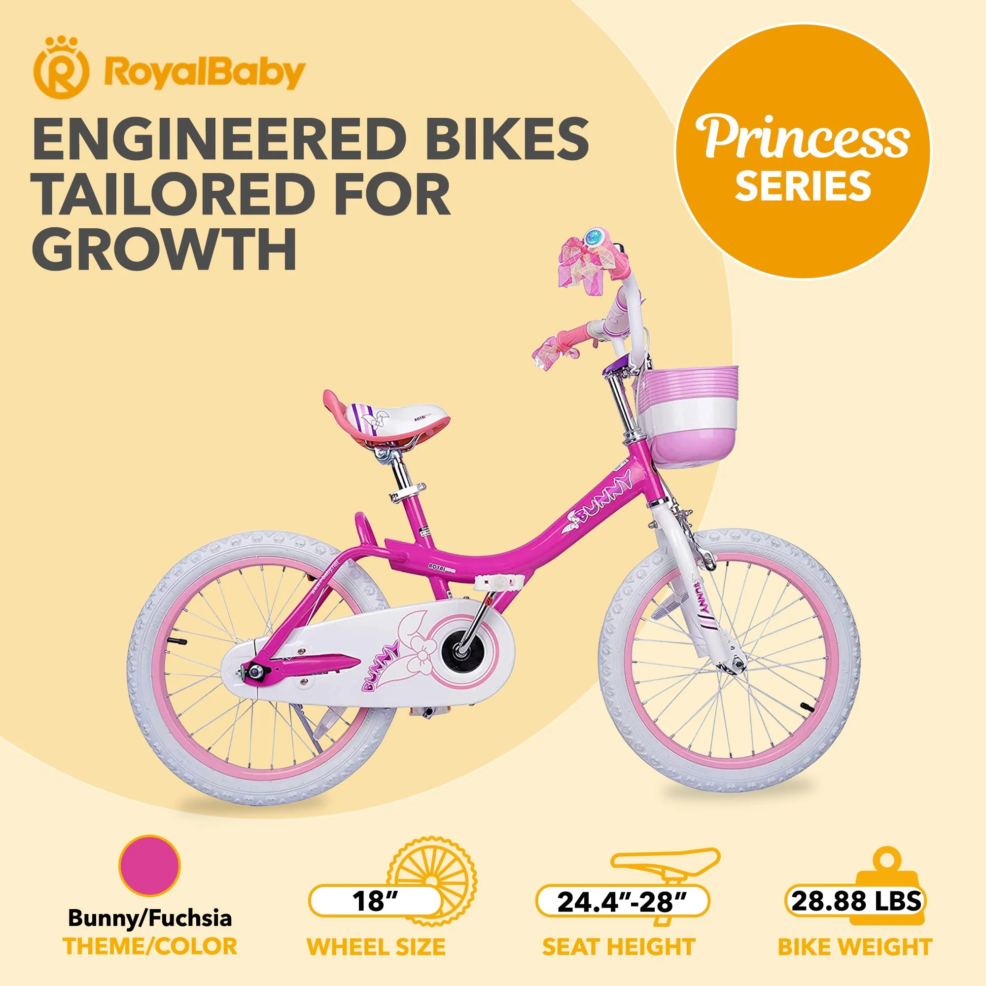 RoyalBaby Princess Girl Kids Outdoor Bicycle 18" with Kickstand, Bunny/Fuchsia - Image 5
