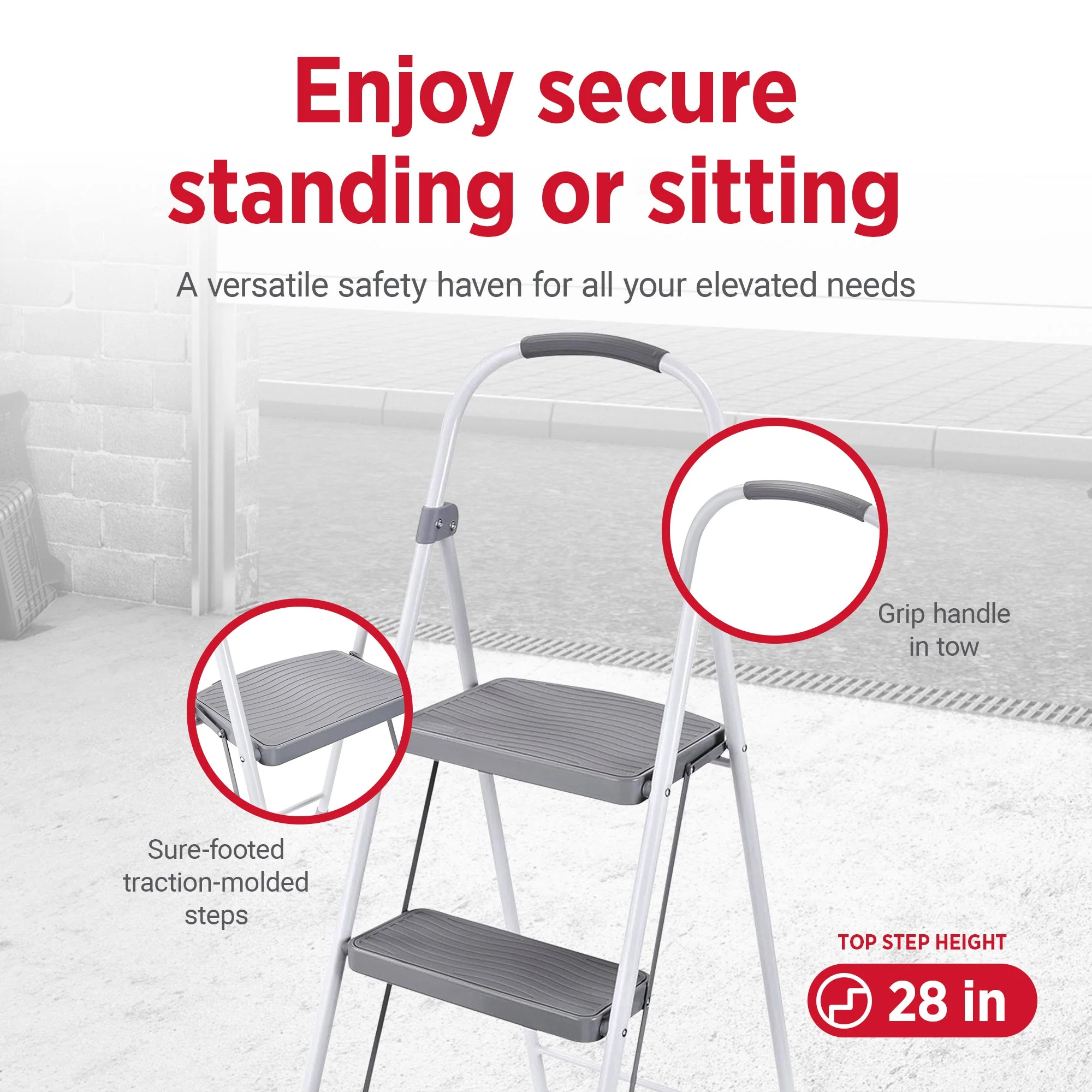 Rubbermaid 3 Step Folding Ladder, Steel Foldable Step Stool w/ Hand Grip, White - Image 3