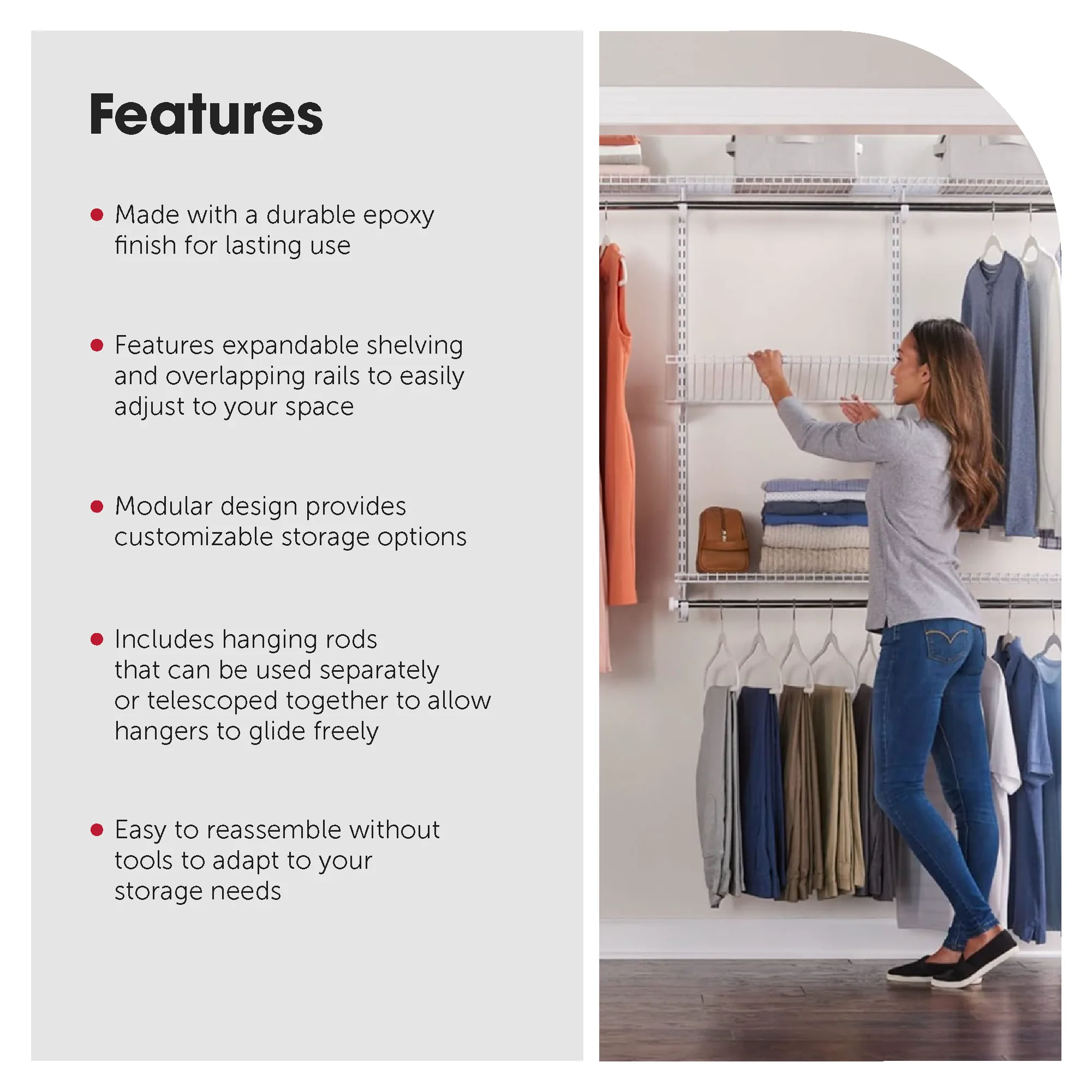 Rubbermaid Configurations 4-8 Feet Custom DIY Closet Organizer Kit, White - Image 4