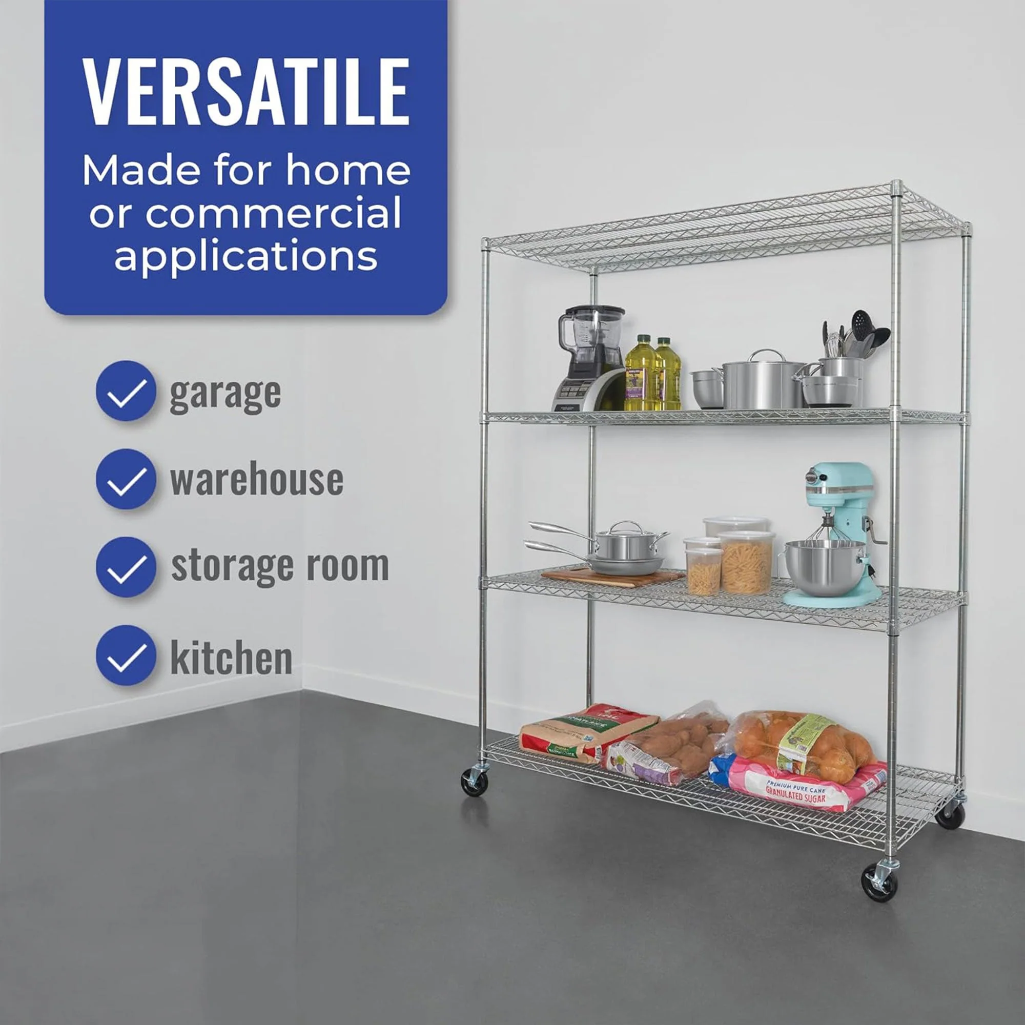 SafeRacks 24 x 60 x 72" 4 Tier Steel Wire Storage Shelving Rack w/Wheels, Silver - Image 3
