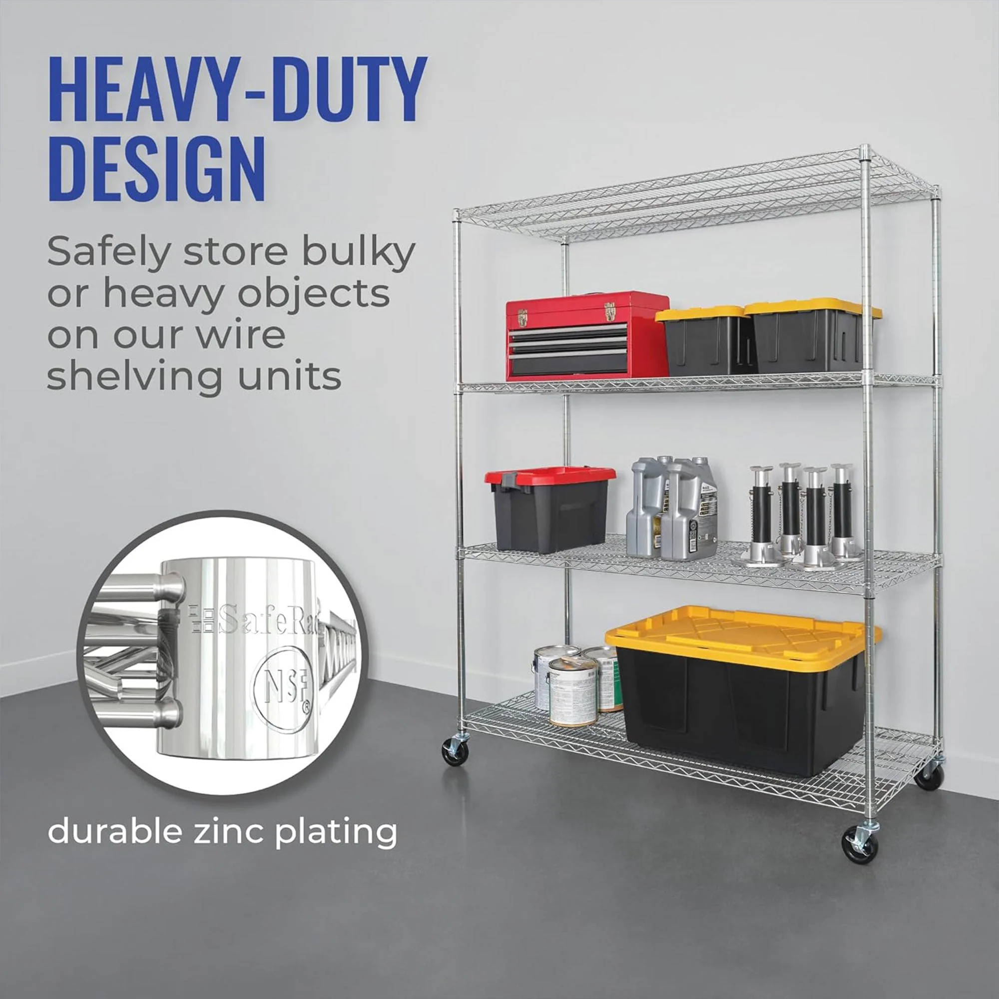 SafeRacks 24 x 60 x 72" 4 Tier Steel Wire Storage Shelving Rack w/Wheels, Silver - Image 6