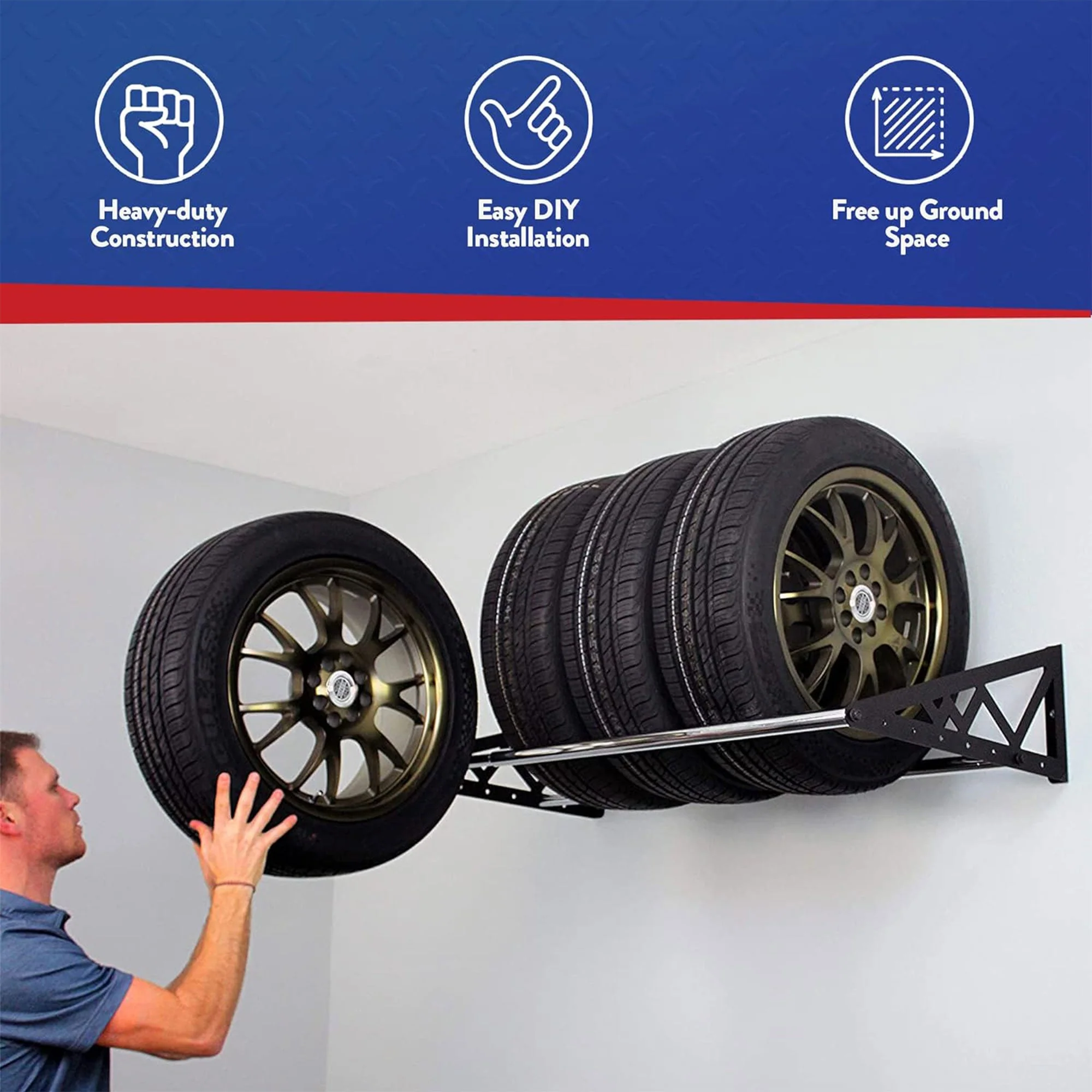 SafeRacks Adjustable Wall Mounted Tire Rack with Powder Coated Brackets, Black - Image 2