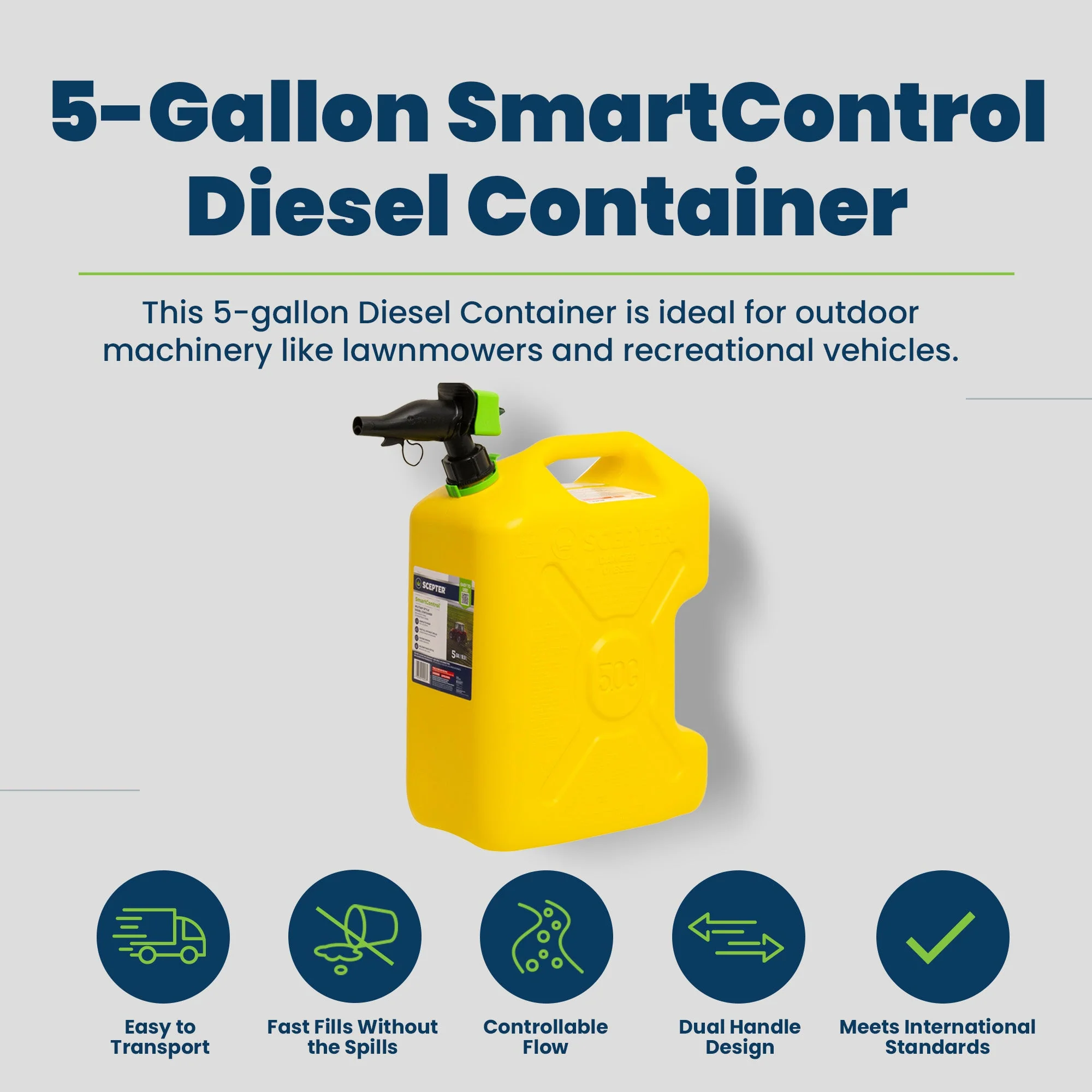 Scepter SmartControl Dual Handle Diesel Gas Container Jug, 5 Gal/18.9L, Yellow - Image 2