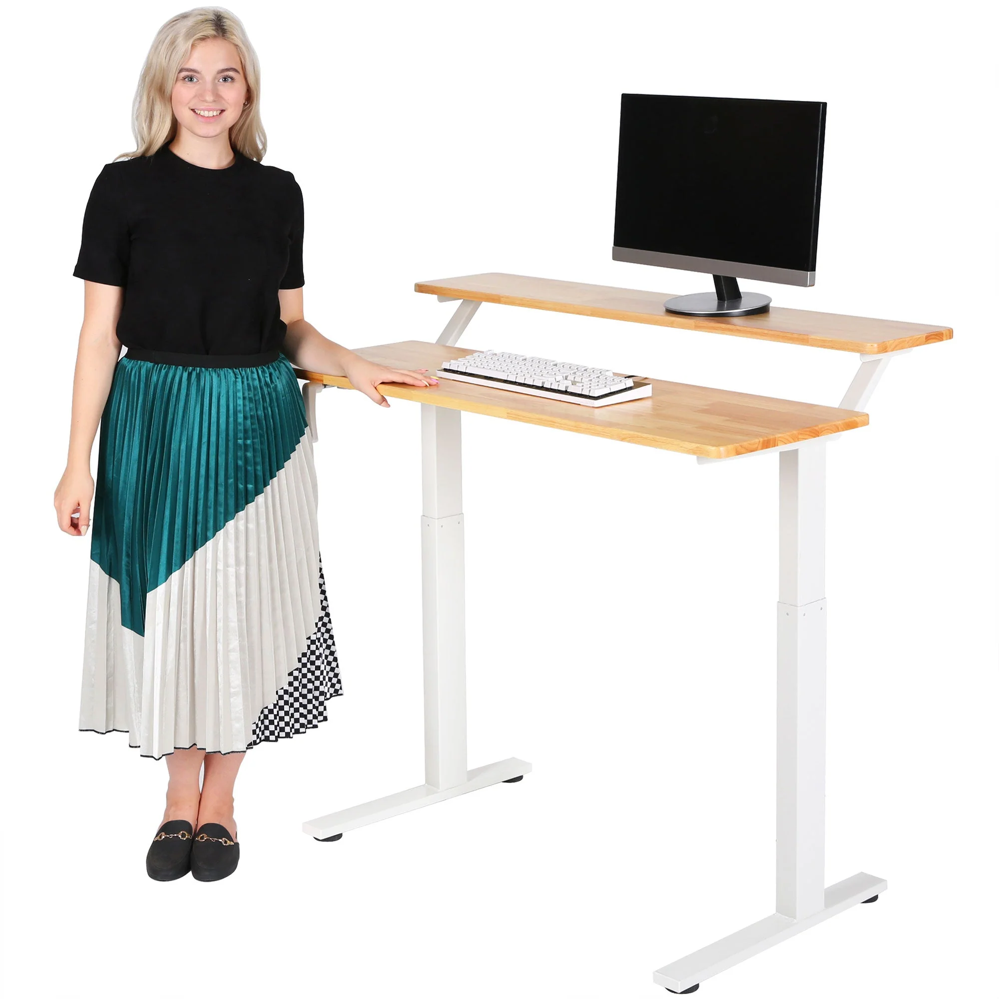 SDADI Adjustable Height Steel Frame 2 Tier Standing Desk w/ Crank, Black/Teak - Image 2
