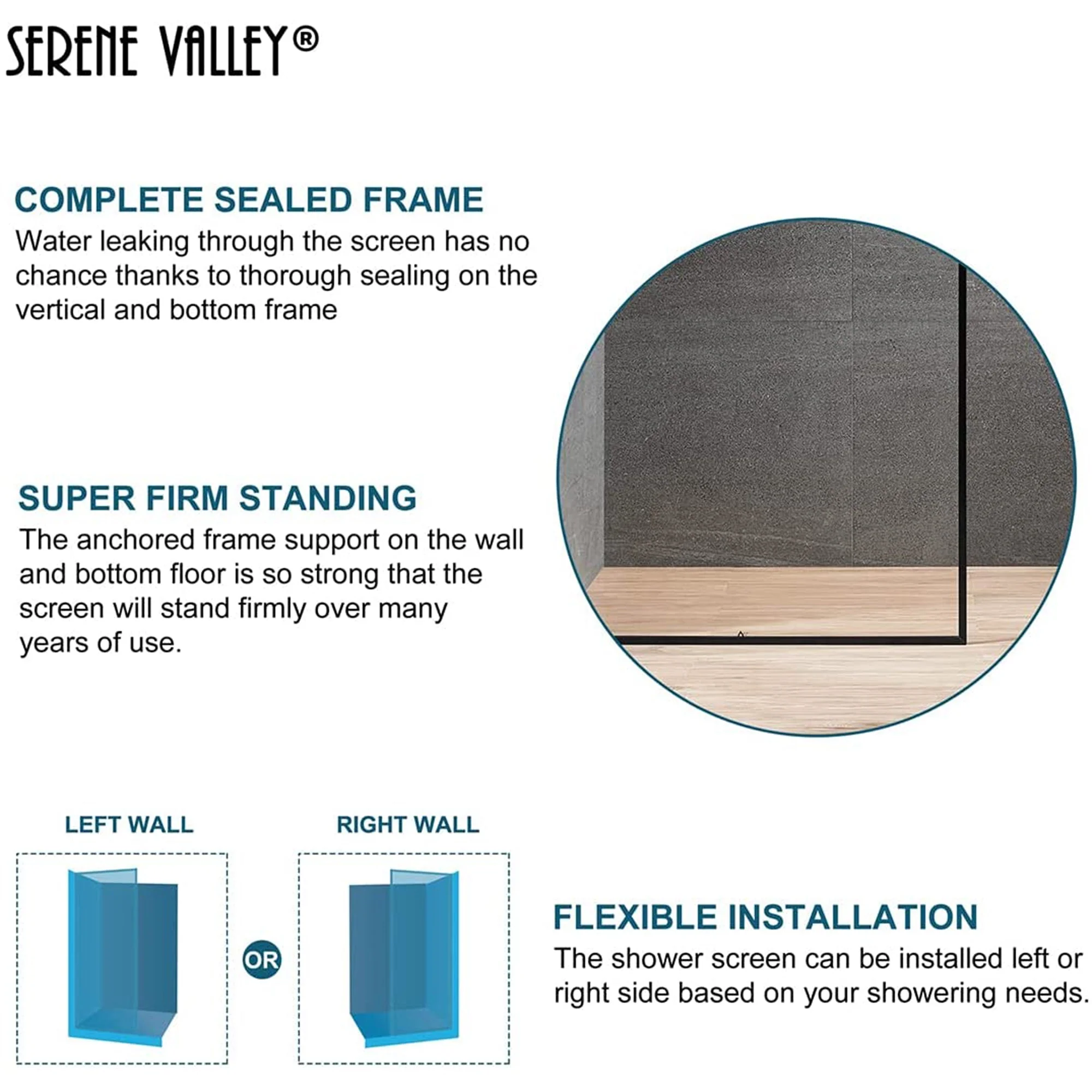 Serene Valley 34 x 72 Inch Tempered Glass Stand Alone Shower Screen, Matte Black - Image 3