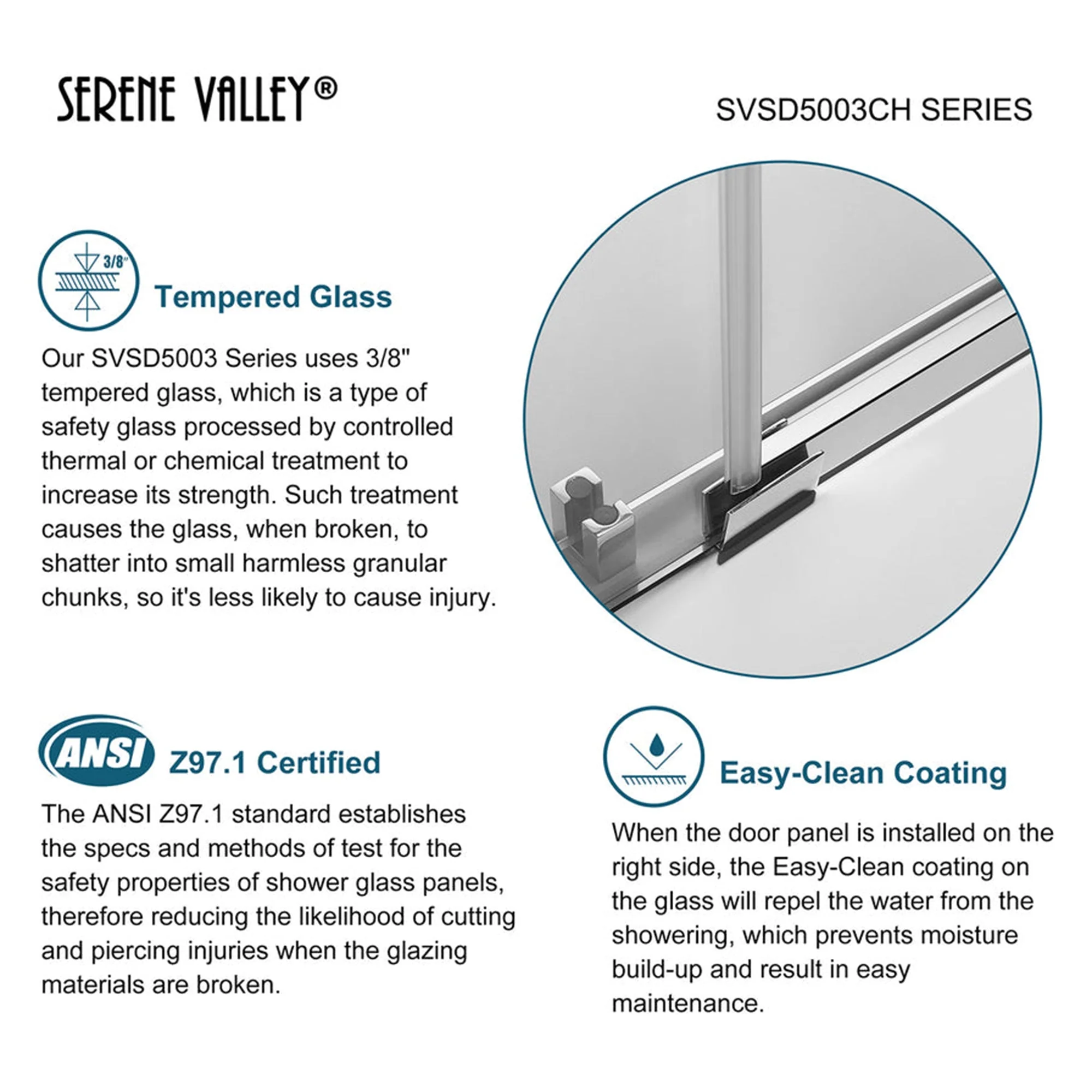 Serene Valley 72 x 74 Inch Square Rail Frameless Sliding Shower Door, Chrome - Image 4