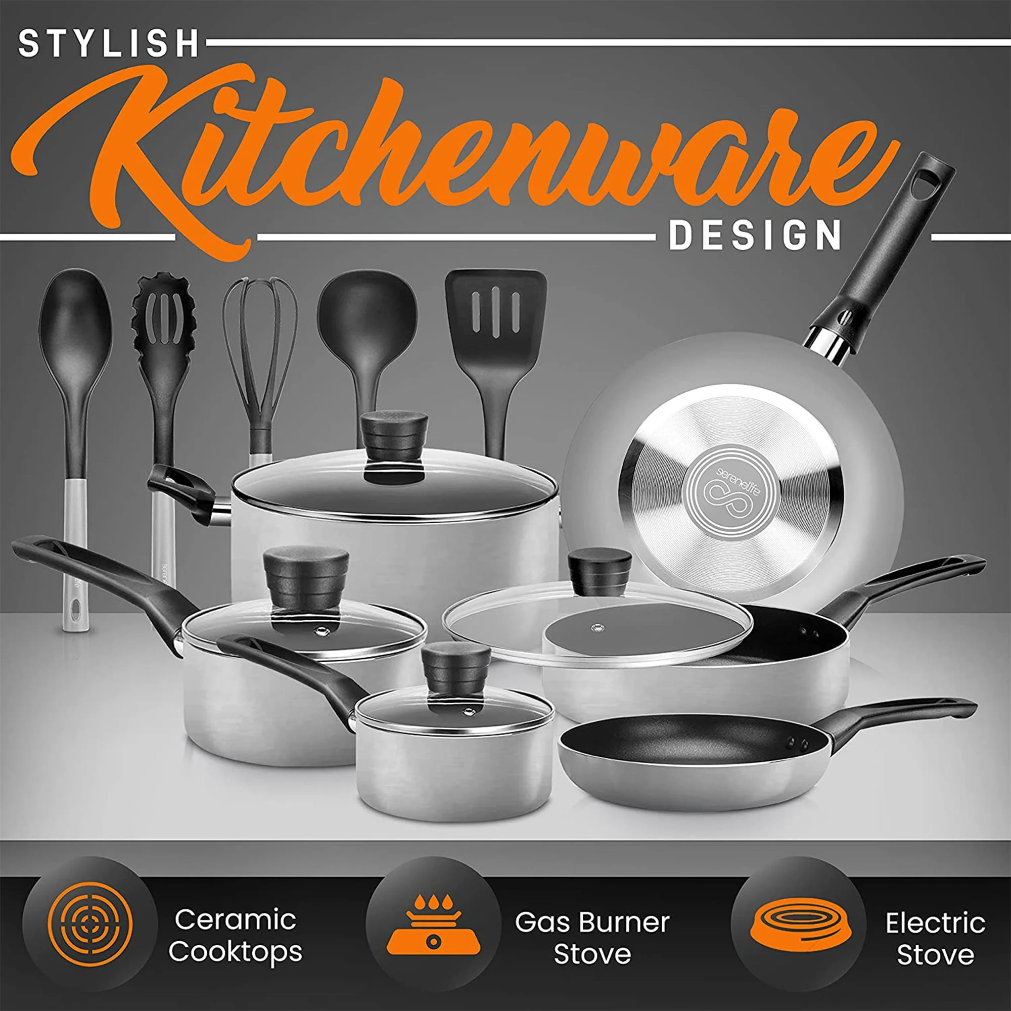SereneLife 15 Piece Pots and Pans Home Non Stick Chef Kitchenware Cookware Set - Image 3