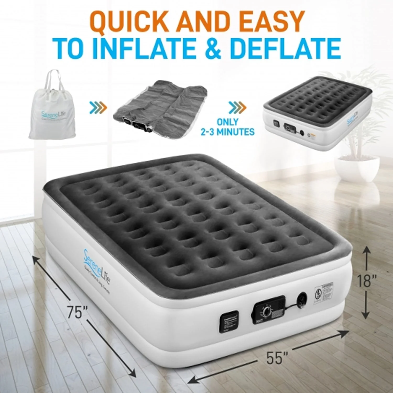 SereneLife Full Size Inflatable Airbed Flocked Mattress w/ Internal Pump(2 Pack) - Image 8