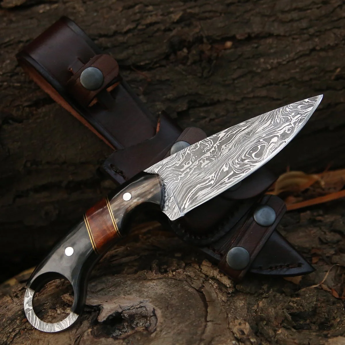 Shadow Damascus Knife with Horn & Exotic Rose Wood Handle - Image 4