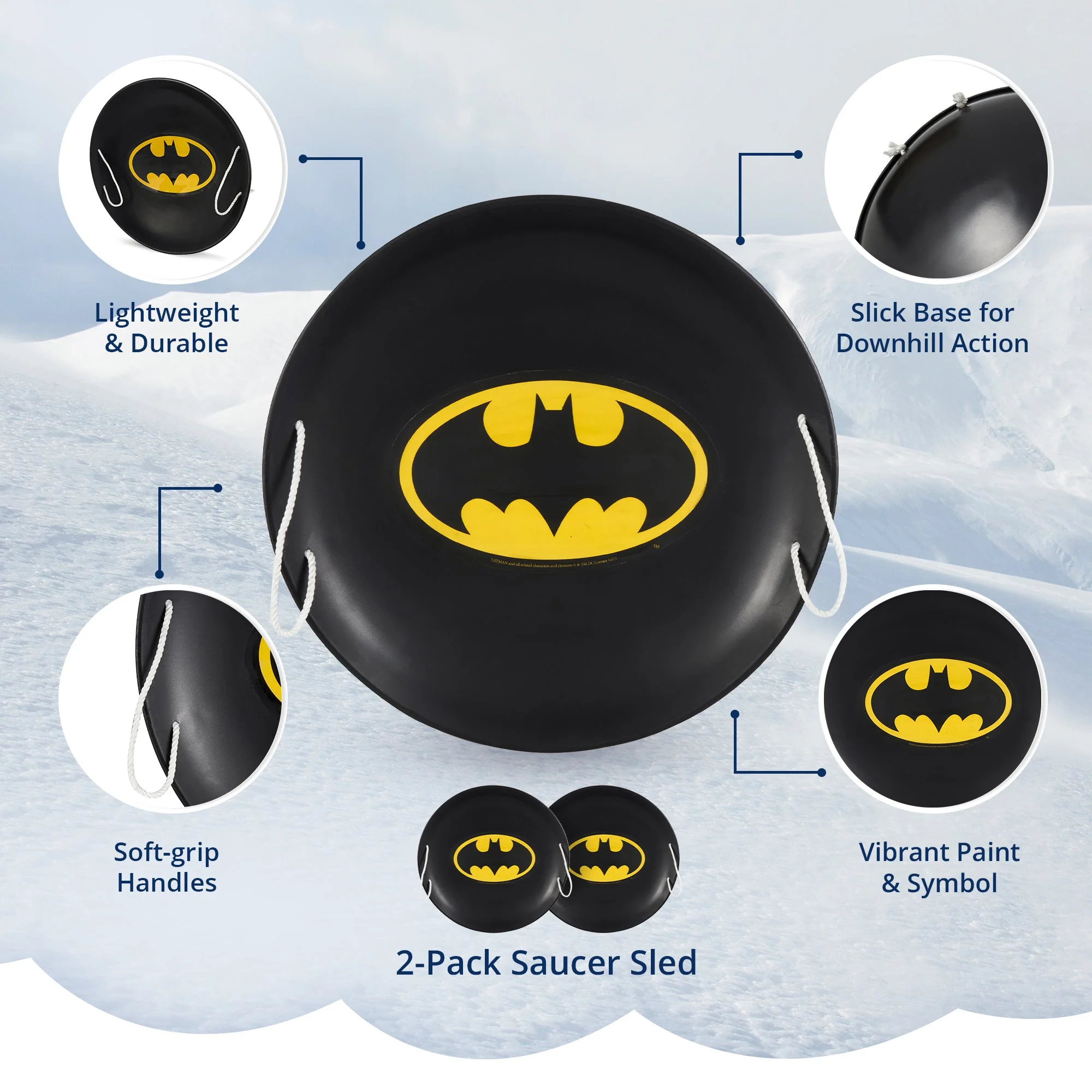 Slippery Racer 26 Inch Batman Metal Saucer Sled w/ Rope Handles, Black (2 Pack) - Image 3