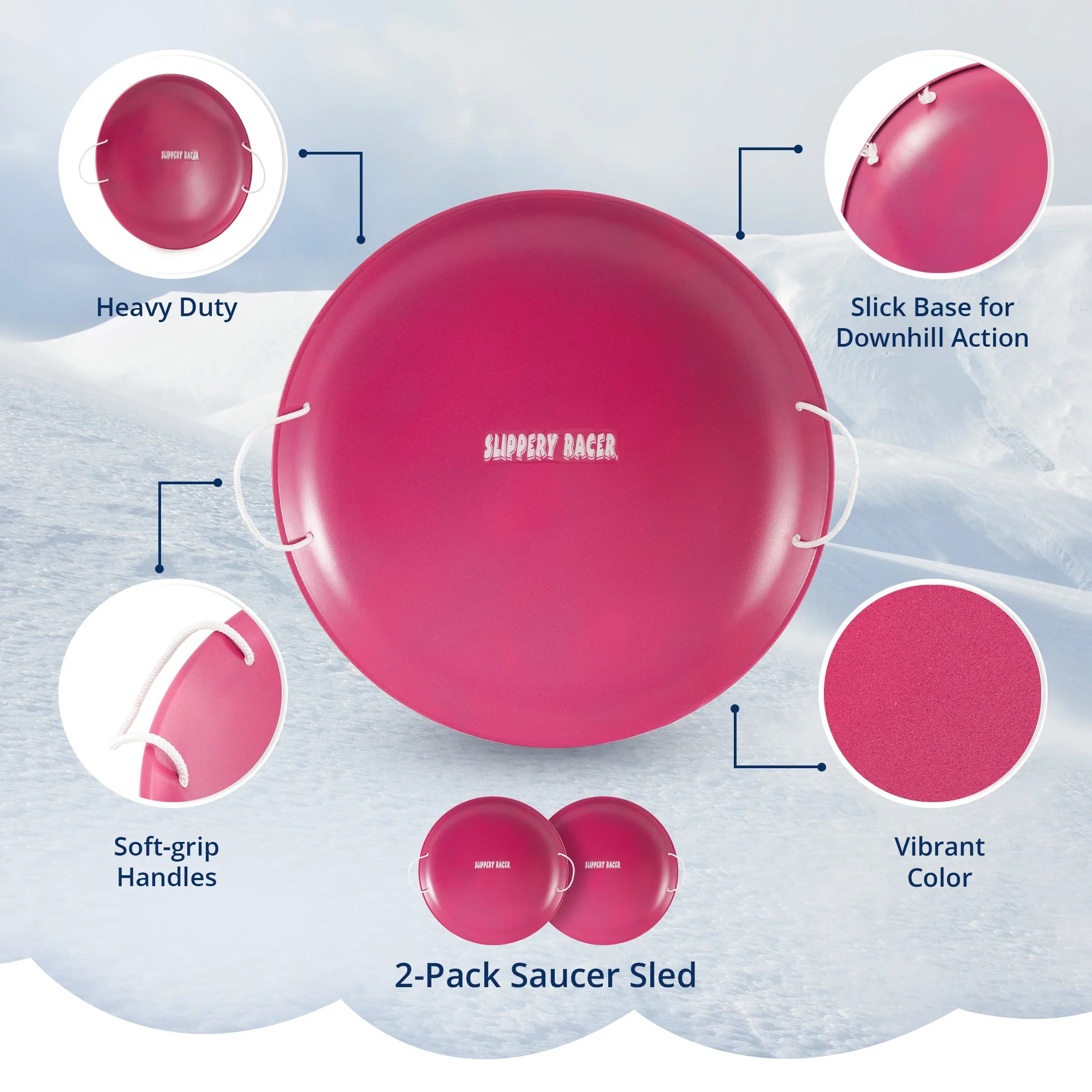 Slippery Racer ProDisc 26" Metal Saucer Sled with Rope Handles, Pink (2 Pack) - Image 3