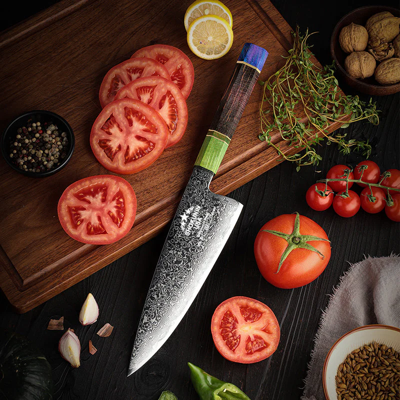 Solstice Japanese Damascus Chef Knife with Exotic Maple Burl Wood Handle - Image 2