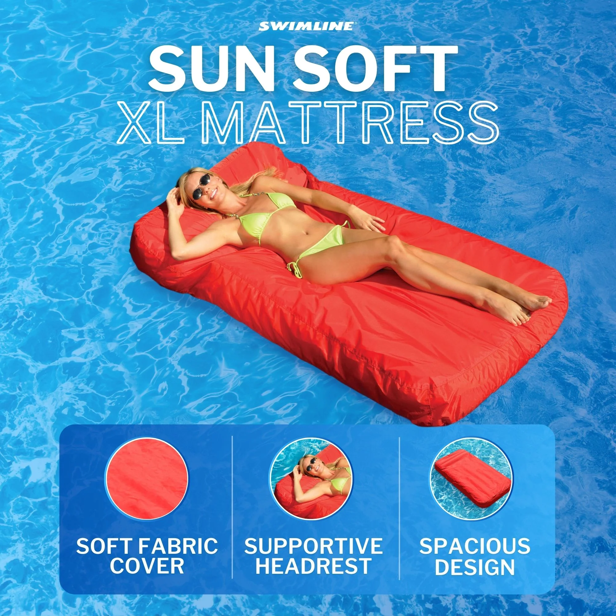 Solstice Sunsoft Fabric Covered Oversized Inflatable Water Mattress Island, Red - Image 2