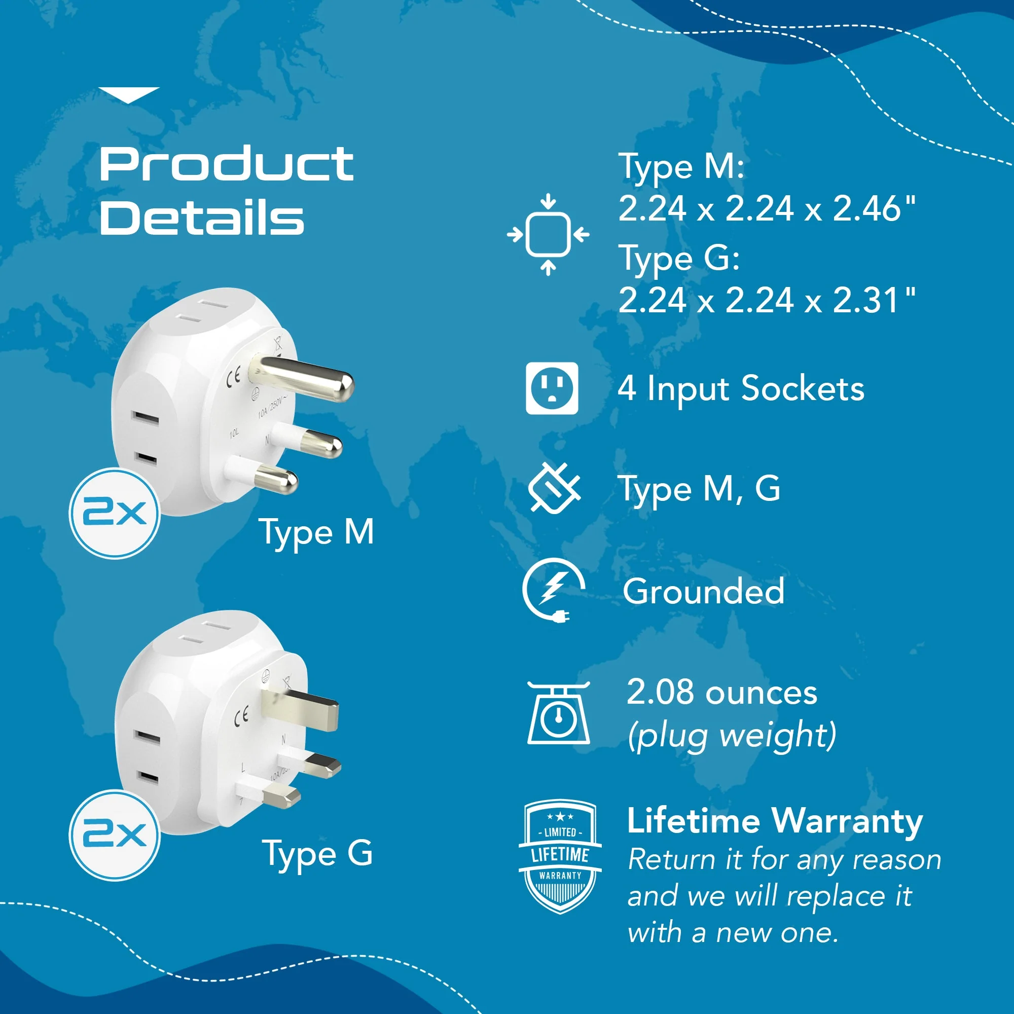 South Africa Travel Adapter Set - 4 in 1 - Ultra Compact - Light Weight (PT-7-10L-4PK) - Image 8