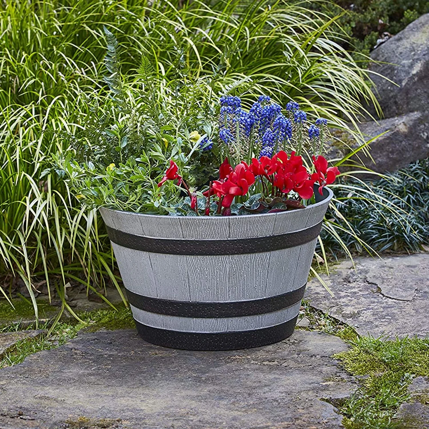 Southern Patio HDR-055457 Resin Whiskey Barrel Garden Planter Pot, Gray (2 Pack) - Image 5