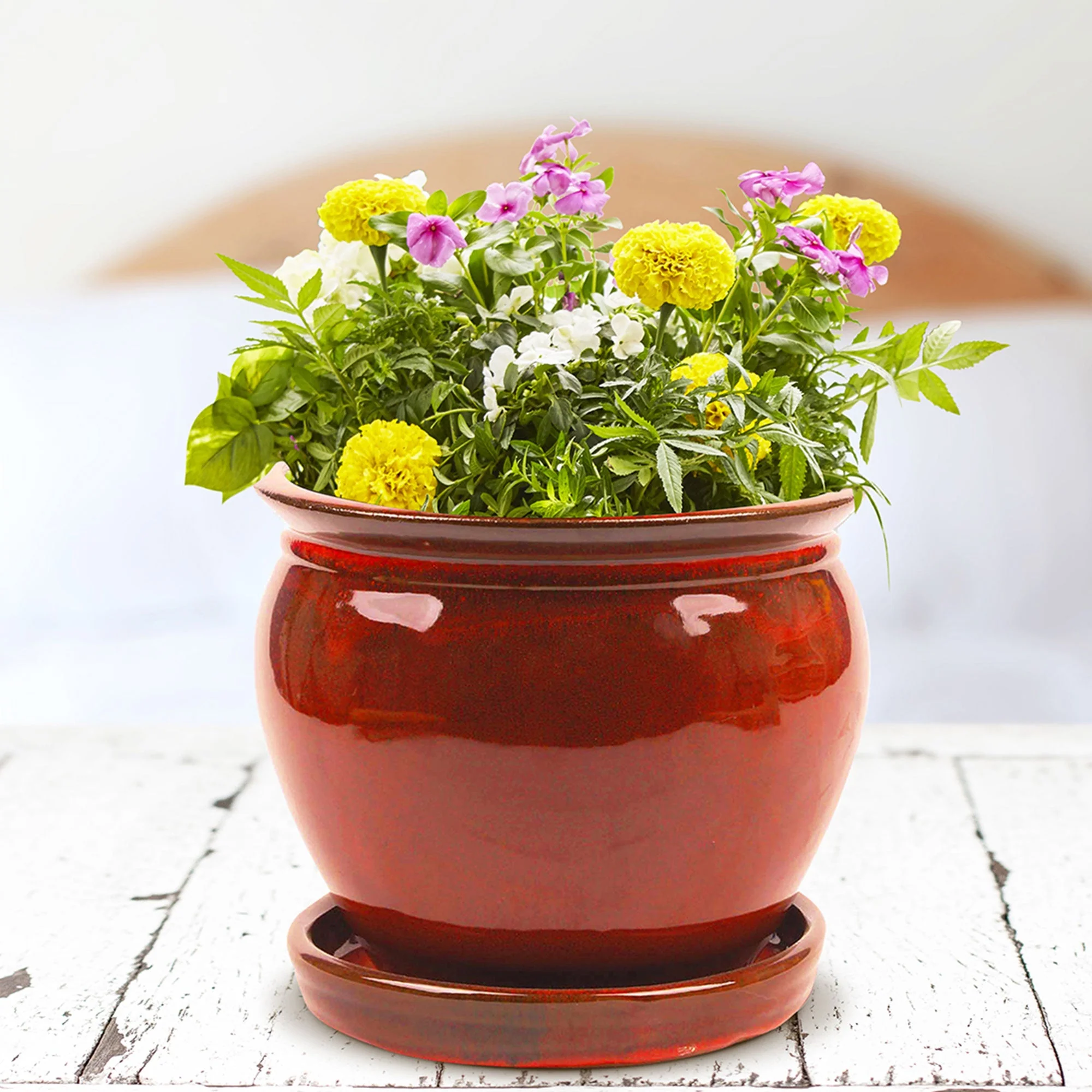 Southern Patio Wisteria 8" Round Ceramic Planter Pot with Saucer, Red (2 Pack) - Image 8