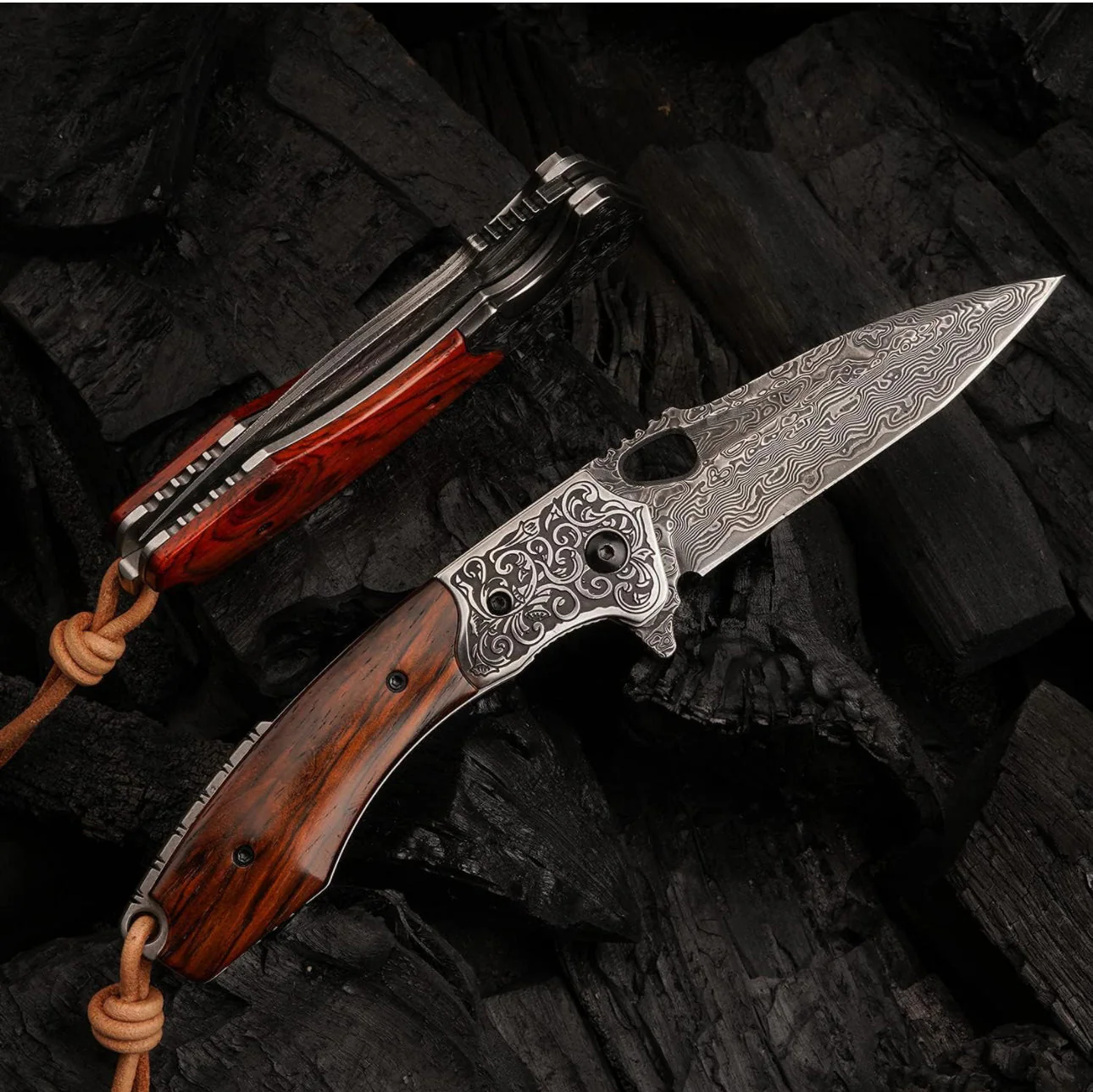 Starchaser Damascus Pocket Knife – Exotic Sandalwood Handle - Image 2